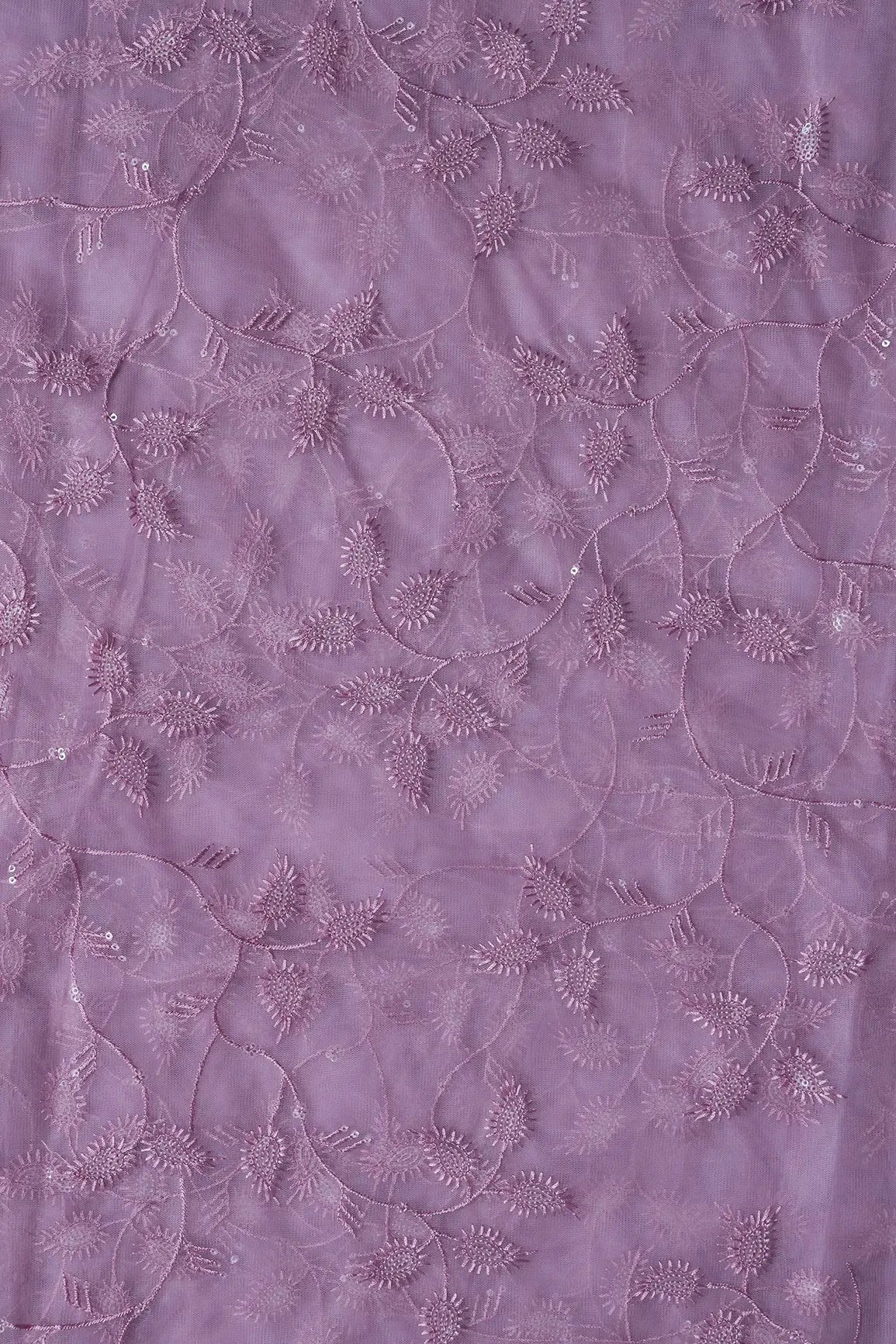 Mauve Thread With Water Sequins Leafy Embroidery On Mauve Soft Net Fabric - doeraa