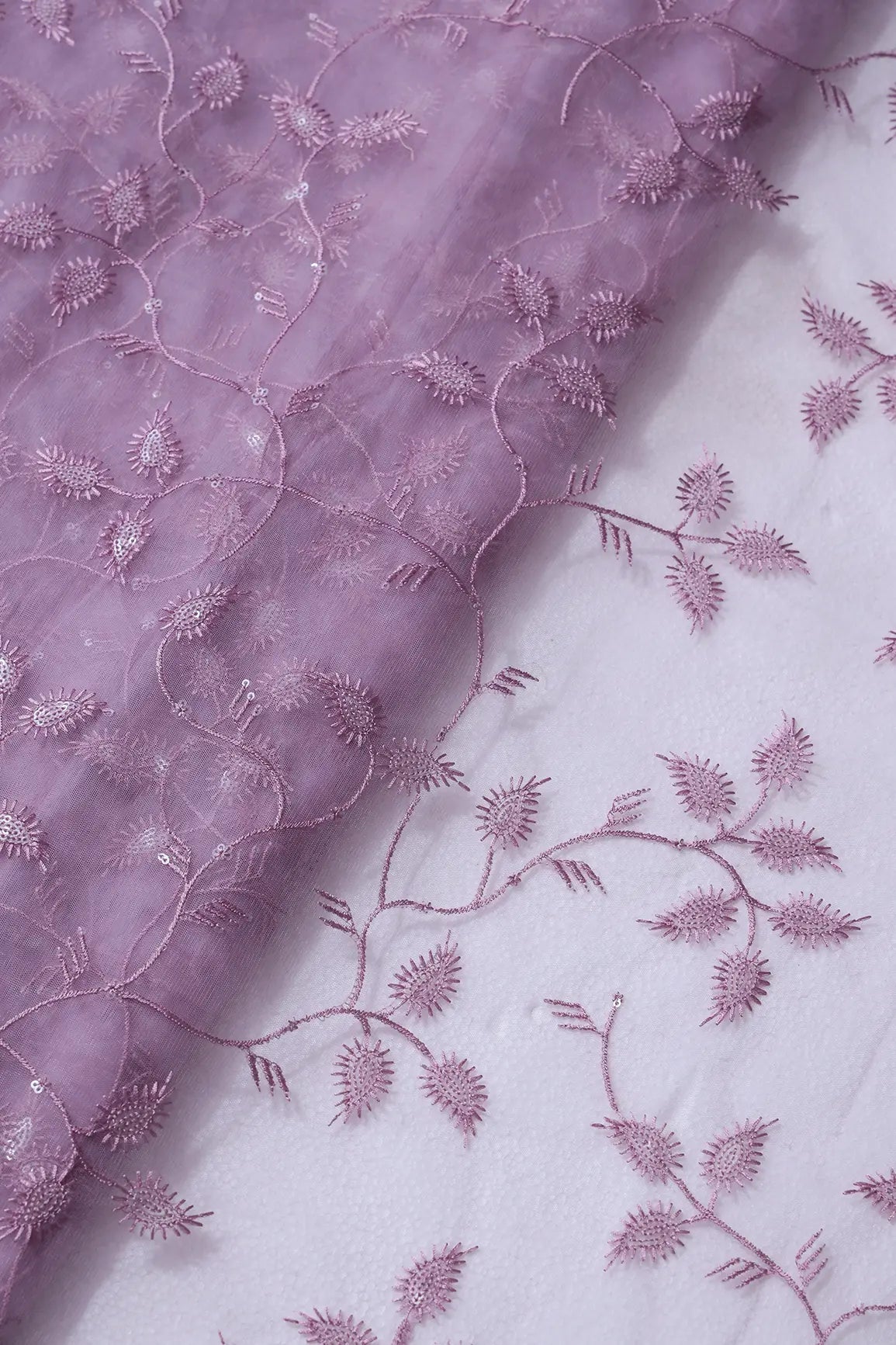 Mauve Thread With Water Sequins Leafy Embroidery On Mauve Soft Net Fabric - doeraa