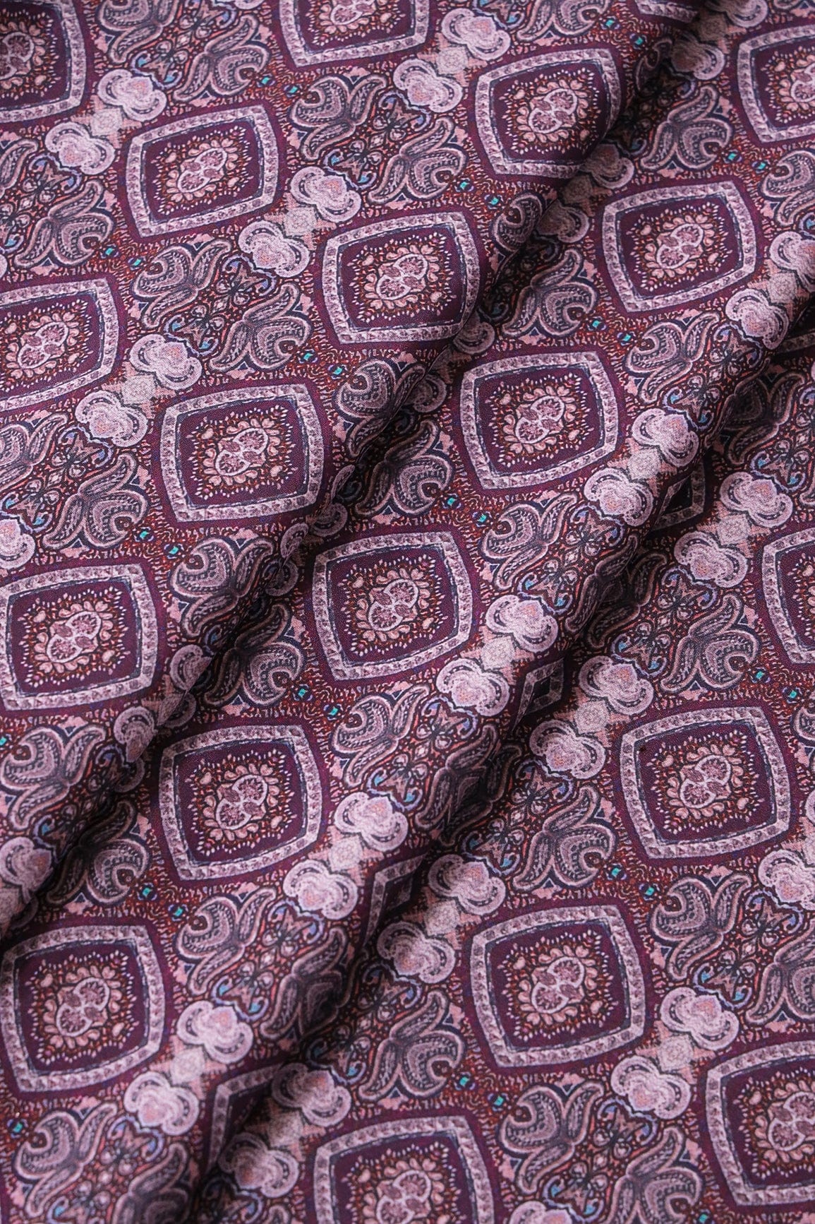 Mauve Traditional Pattern Digital Print On Wine French Crepe Fabric - doeraa