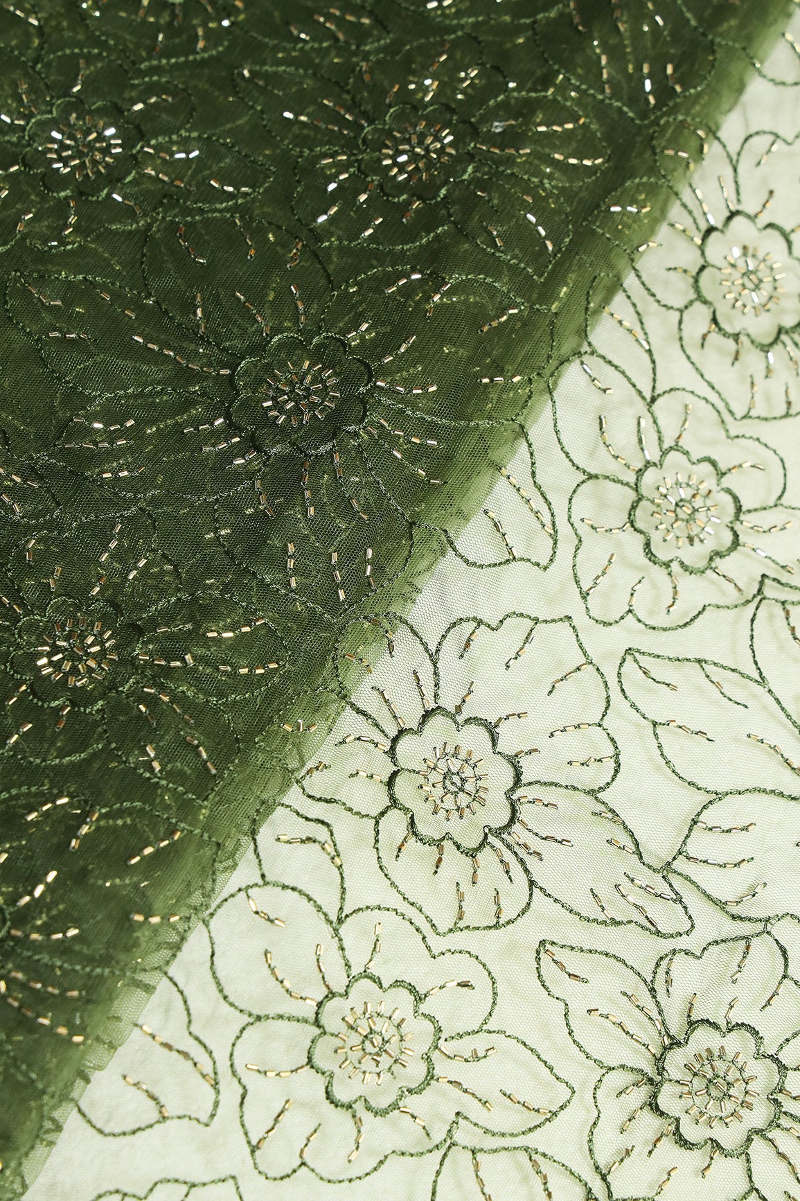 Mehndi Green Thread With Beads Floral Embroidery Work On Mehndi Green Soft Net Fabric - doeraa