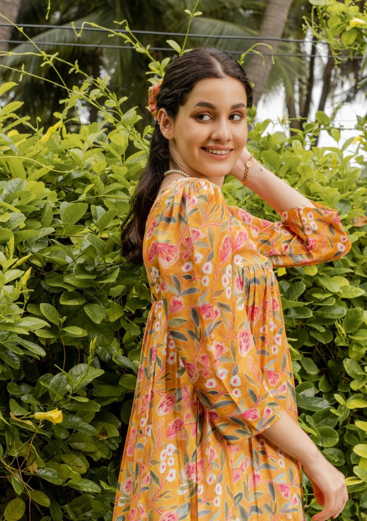 Melon Yellow Floral Satin Dress - doeraa