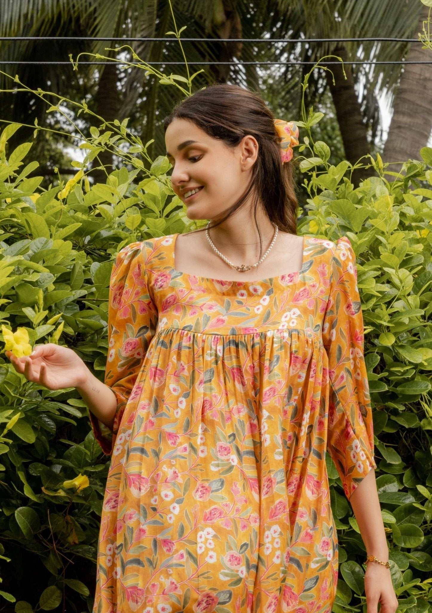 Melon Yellow Floral Satin Dress - doeraa