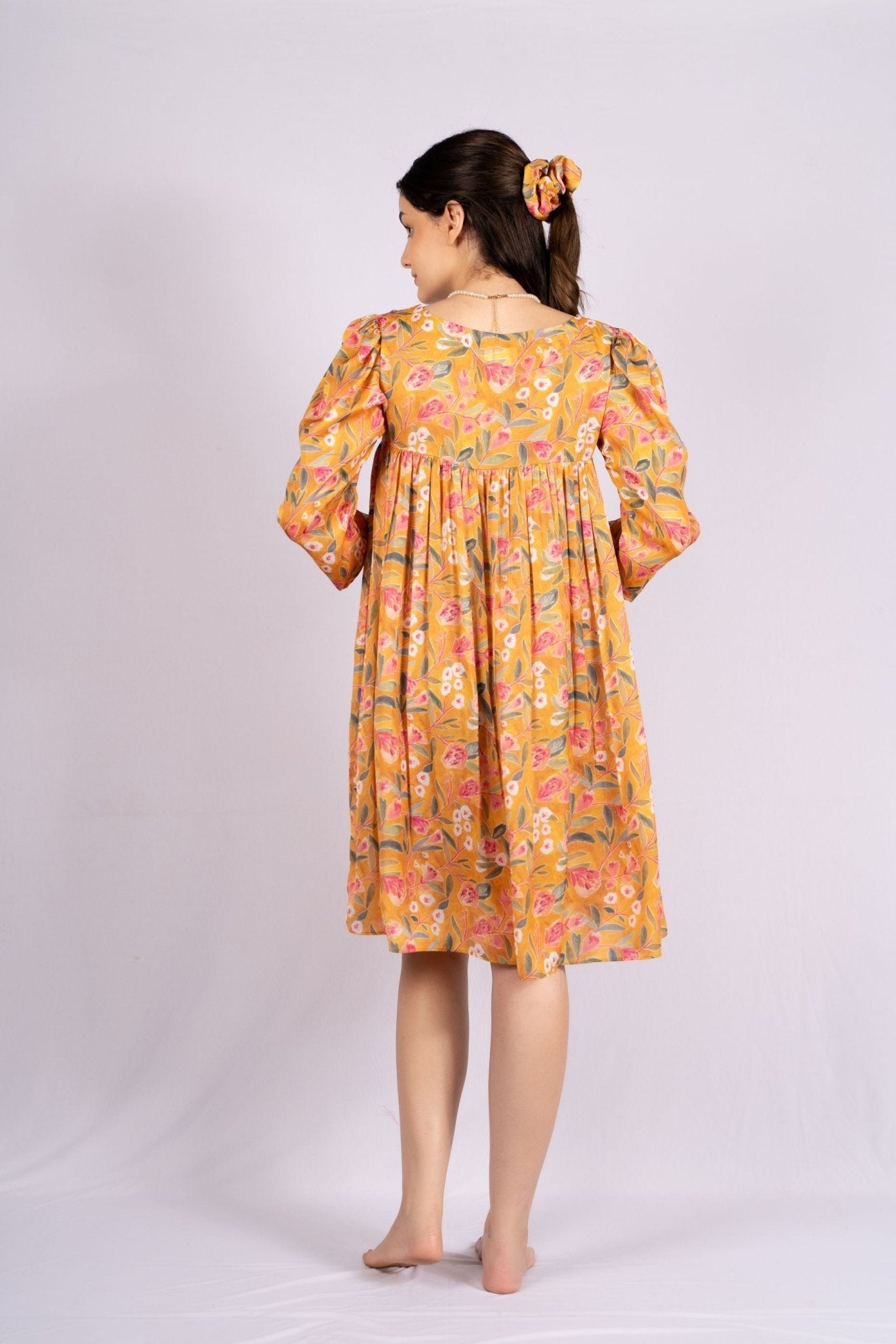 Melon Yellow Floral Satin Dress - doeraa