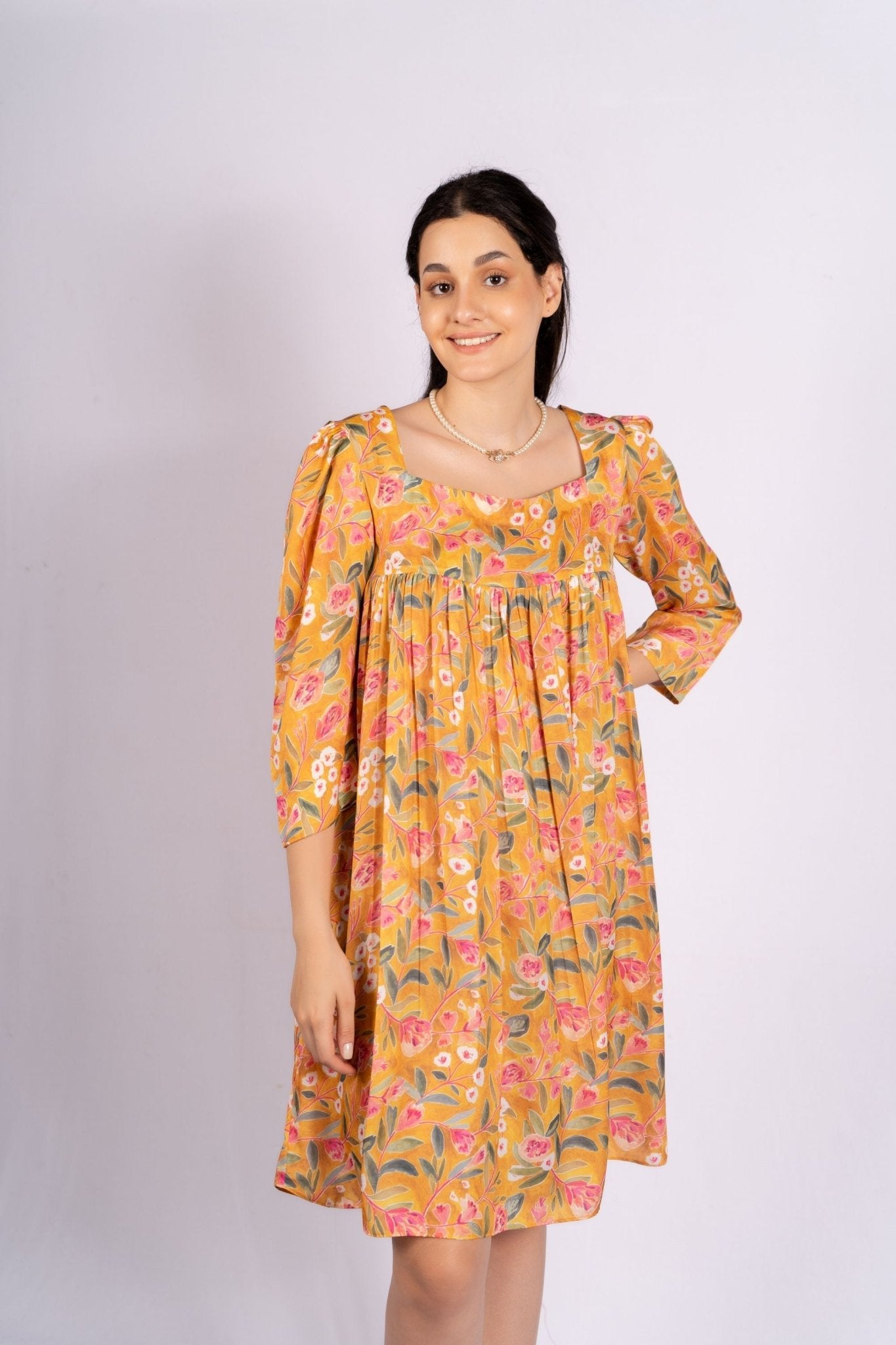 Melon Yellow Floral Satin Dress - doeraa