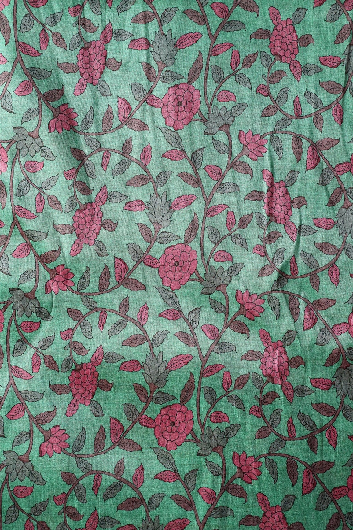 Mint Green Floral Pattern Digital Print On Mulberry Silk Fabric - doeraa