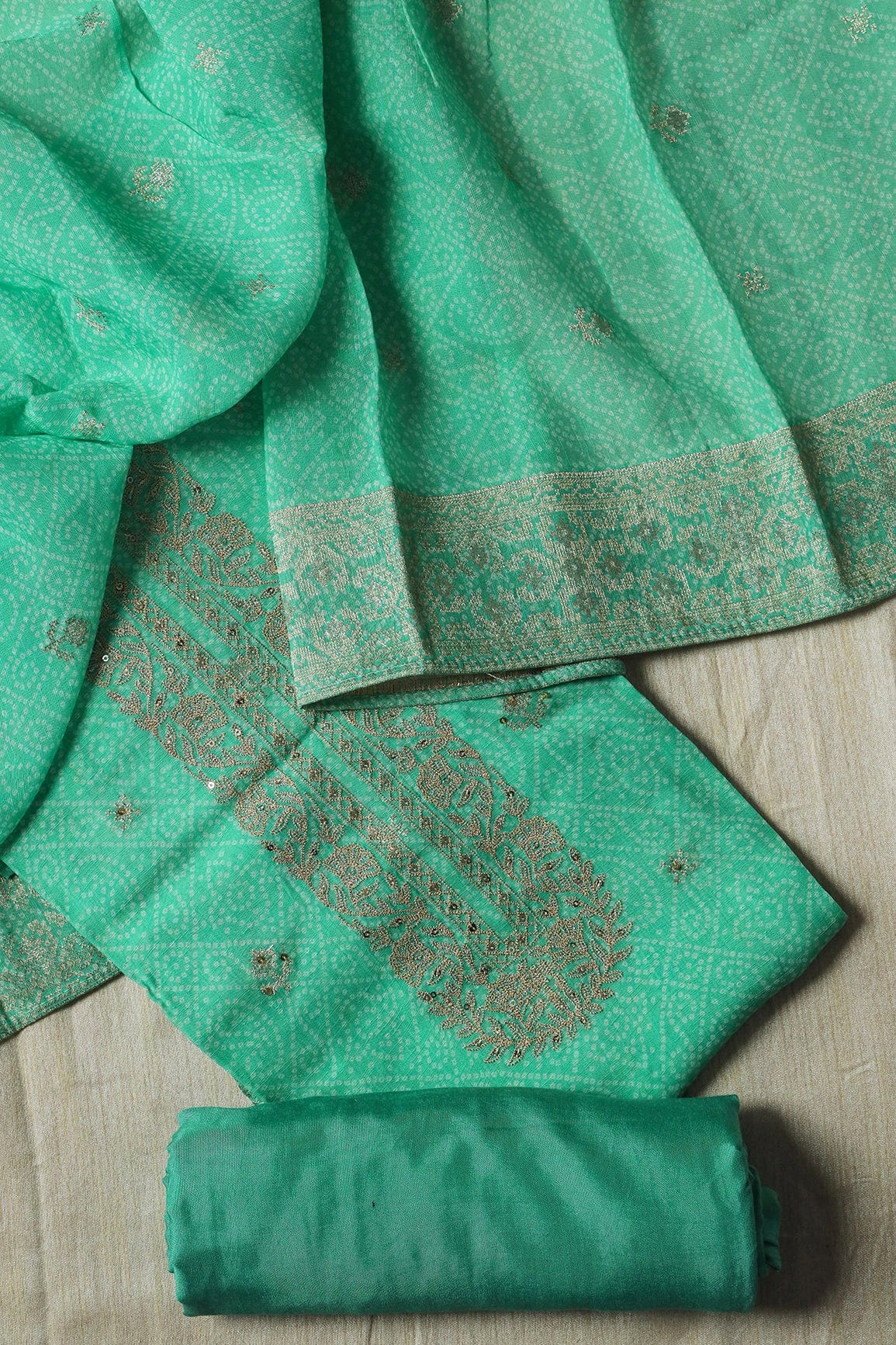 Mint Green Semi Stitched Pure Linen Jacquard Suit Set (3 piece) - doeraa
