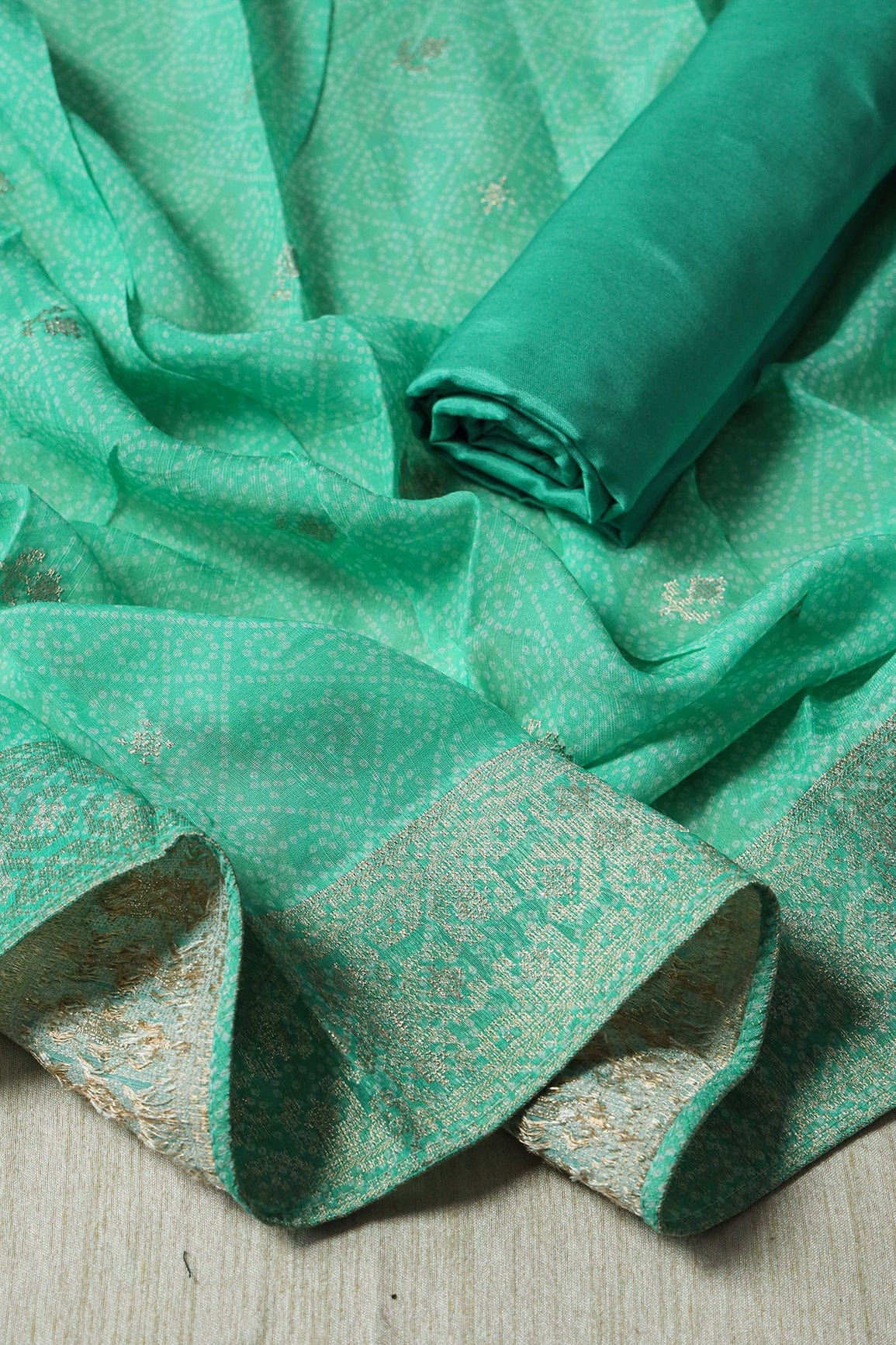 Mint Green Semi Stitched Pure Linen Jacquard Suit Set (3 piece) - doeraa