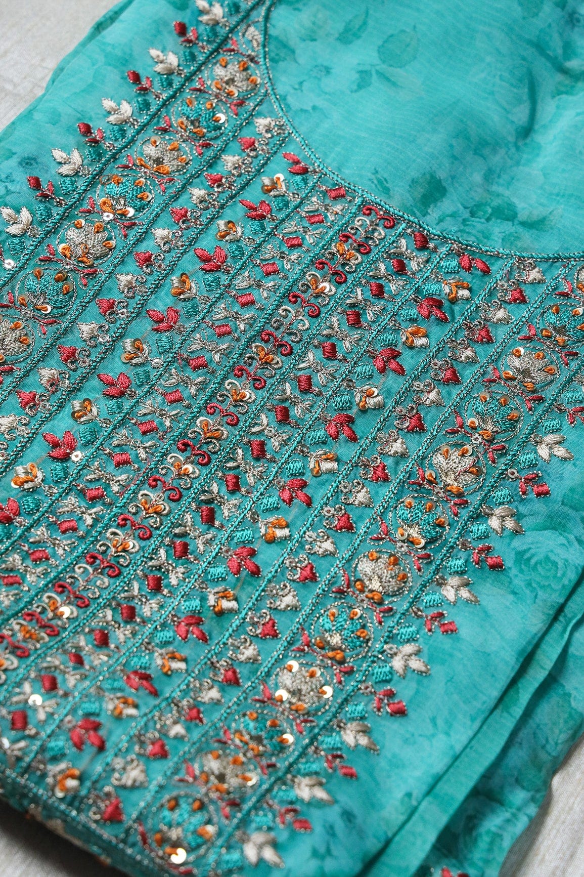 Mint Green Semi Stitched Pure Organza Suit Set (3 piece) - doeraa