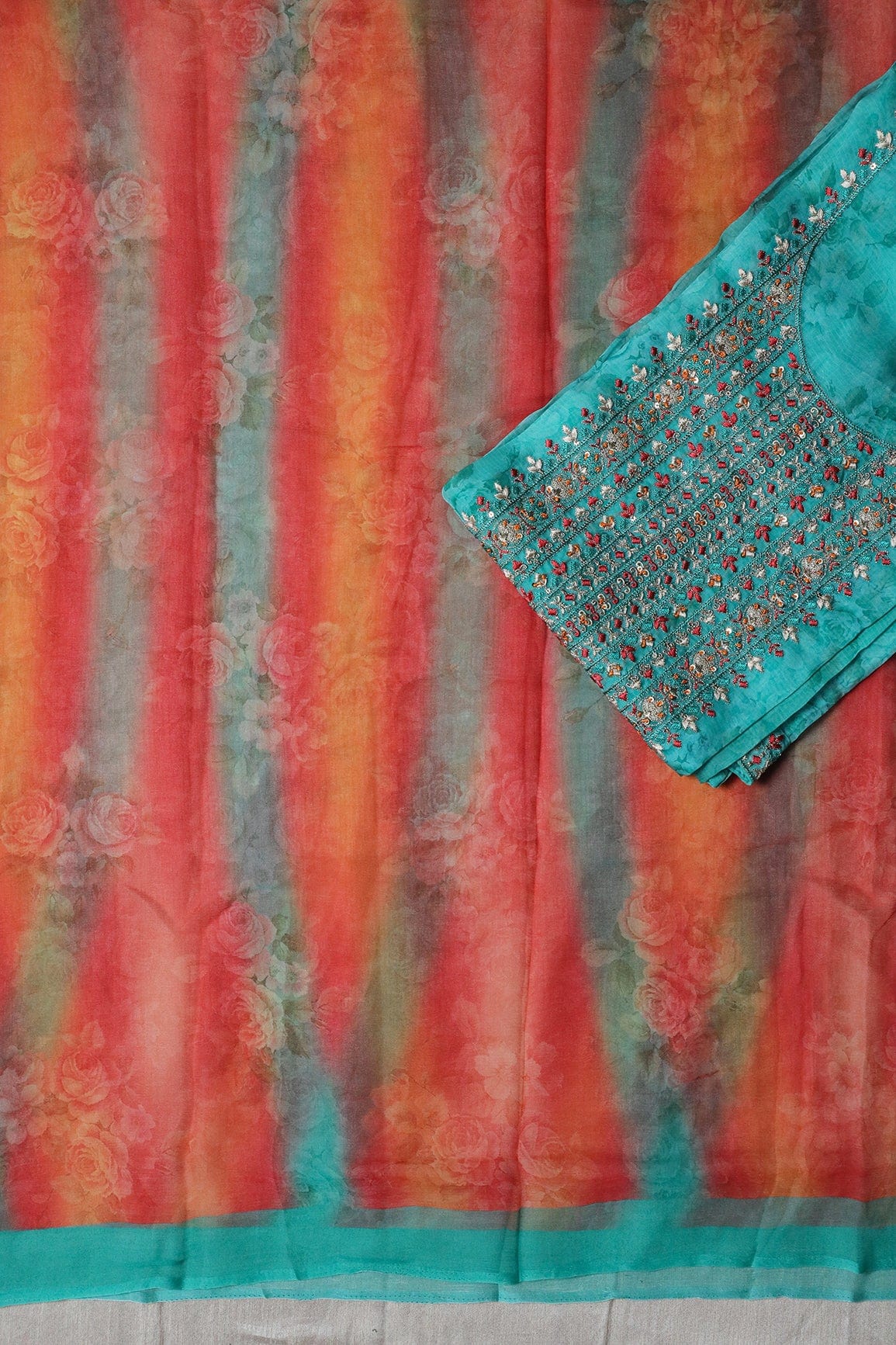 Mint Green Semi Stitched Pure Organza Suit Set (3 piece) - doeraa