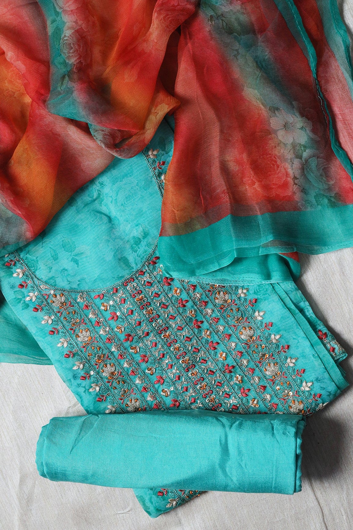 Mint Green Semi Stitched Pure Organza Suit Set (3 piece) - doeraa