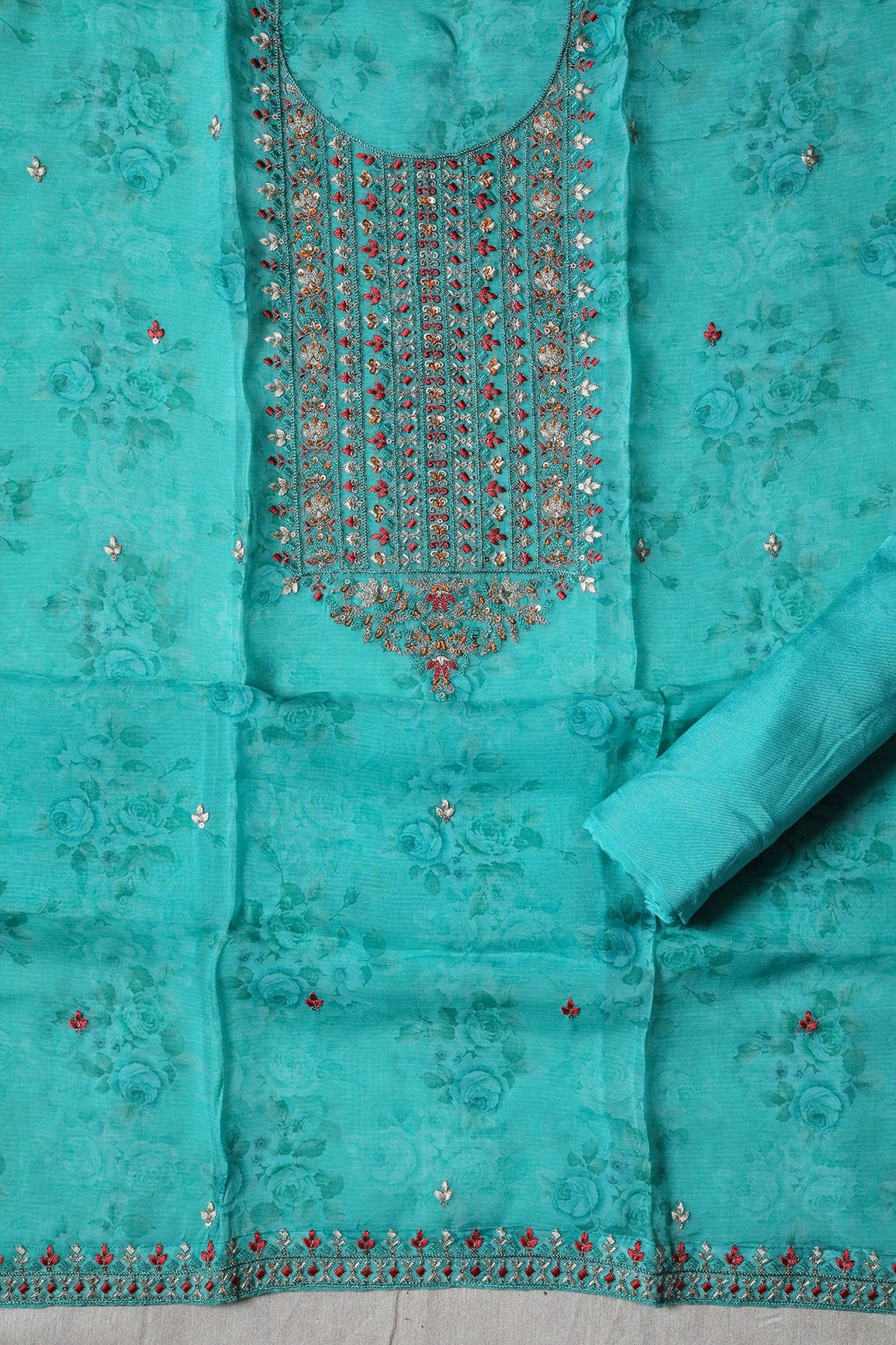 Mint Green Semi Stitched Pure Organza Suit Set (3 piece) - doeraa