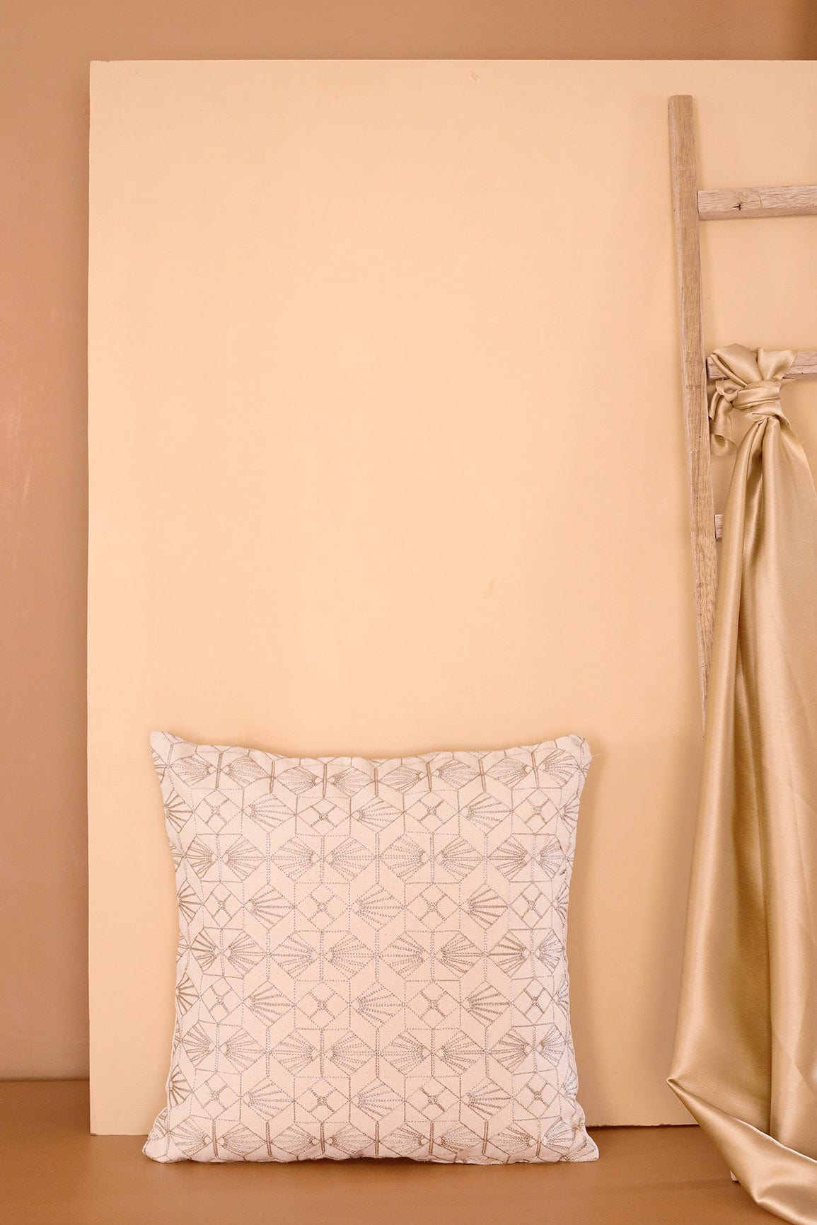 Modern Concept Beige Embroidery on Off White cotton Cushion Cover (16*16 inches) - doeraa