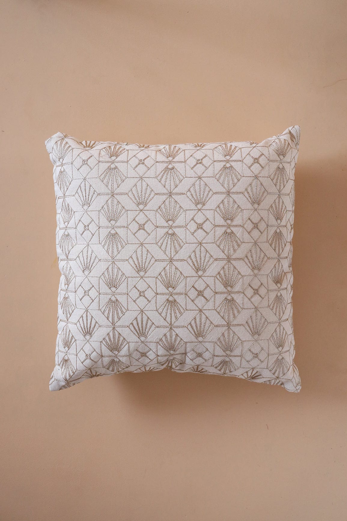 Modern Concept Beige Embroidery on Off White cotton Cushion Cover (16*16 inches) - doeraa