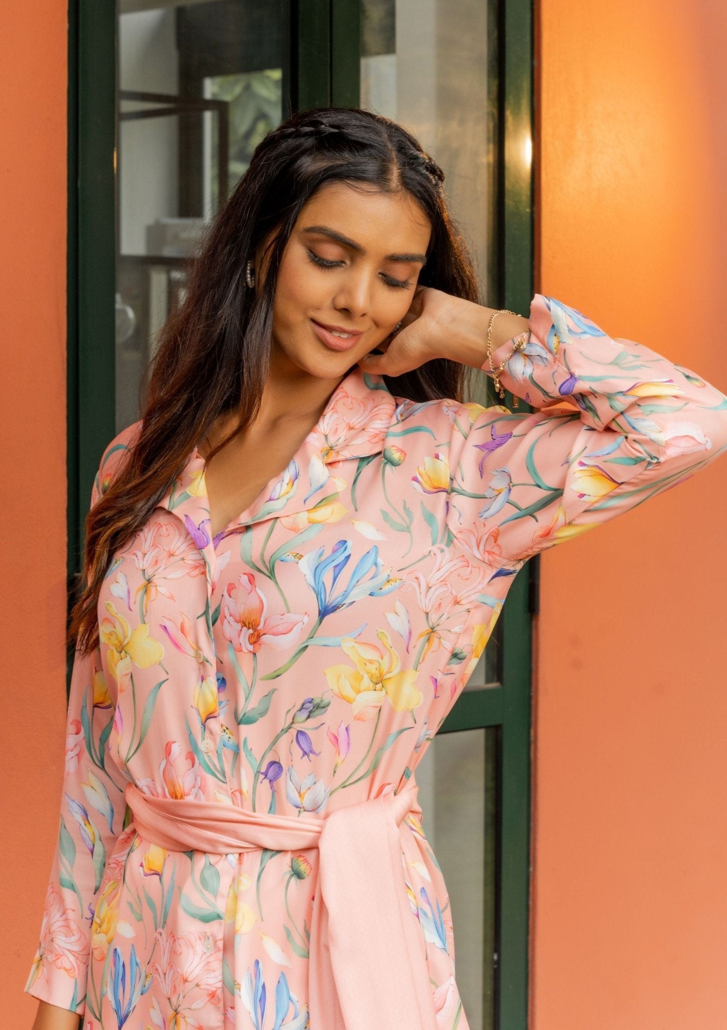 Molly Floral Peach Satin Co - ord Set With Stole - doeraa