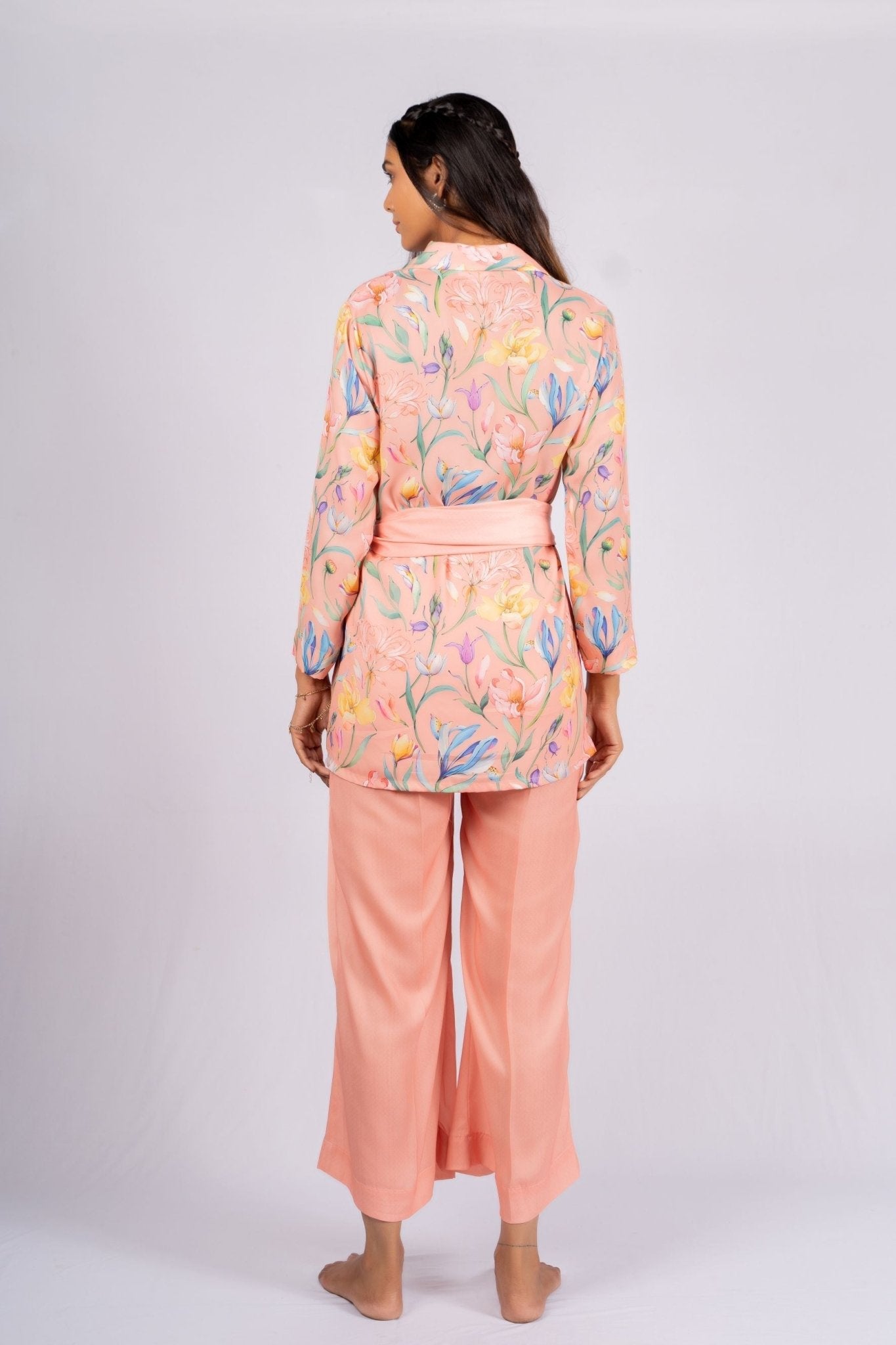 Molly Floral Peach Satin Co - ord Set With Stole - doeraa