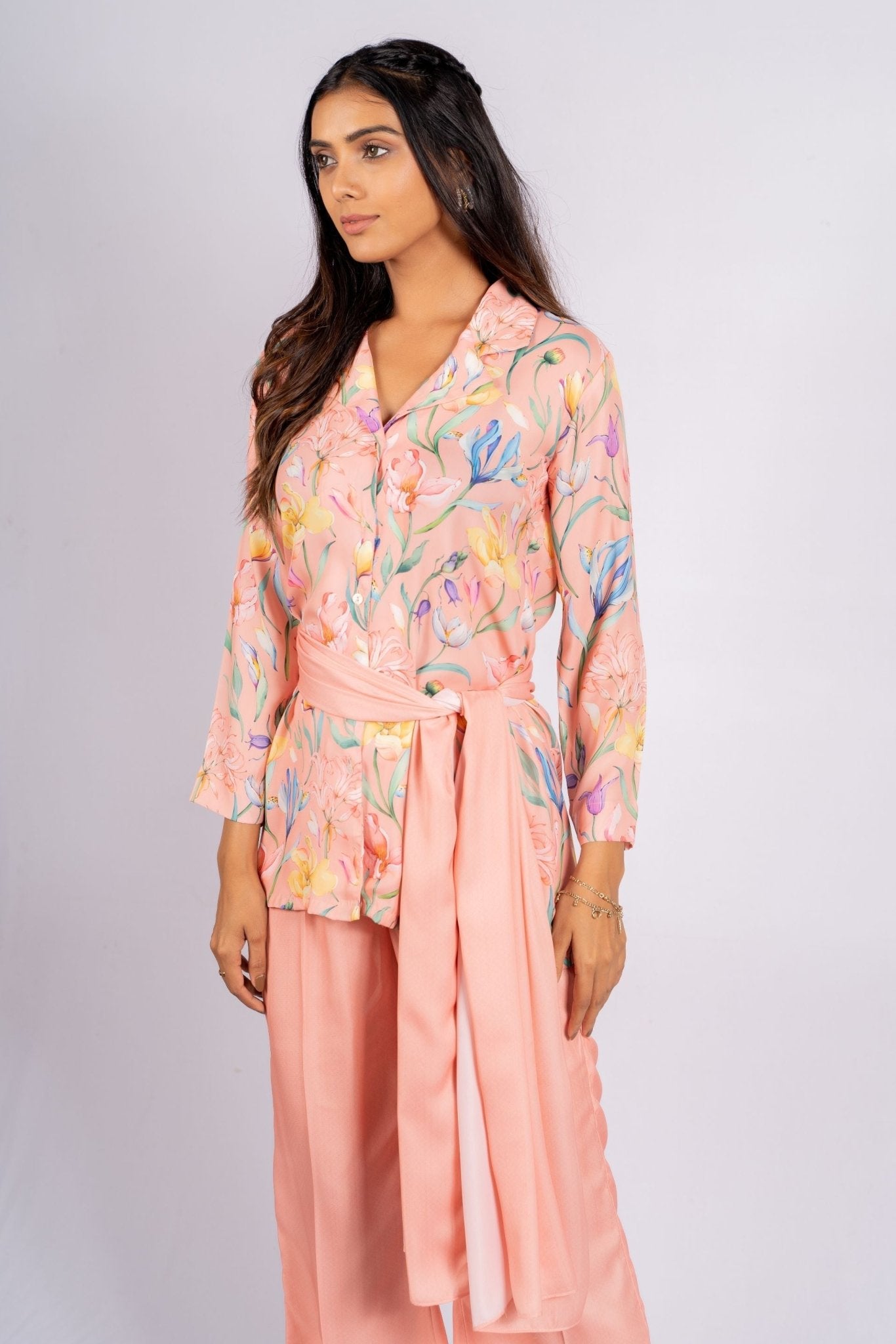 Molly Floral Peach Satin Co - ord Set With Stole - doeraa