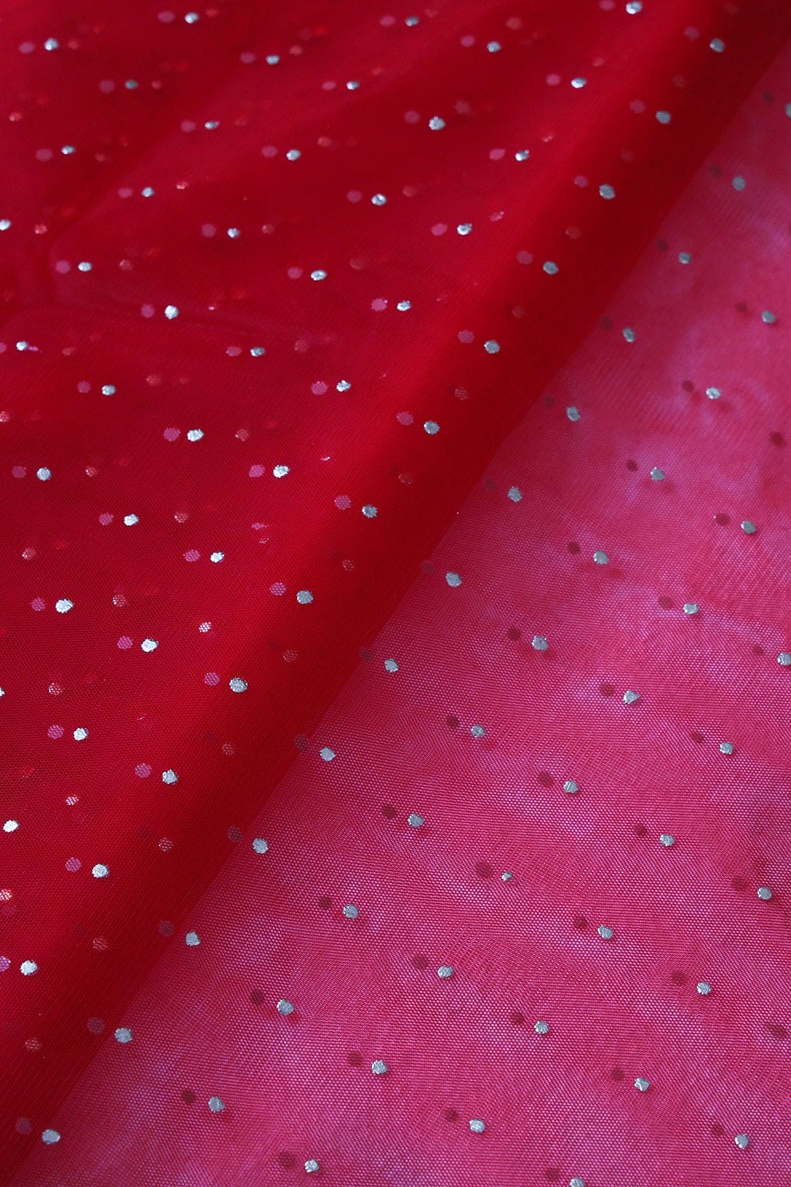 Mukaish Work On Red Soft Net Fabric - doeraa