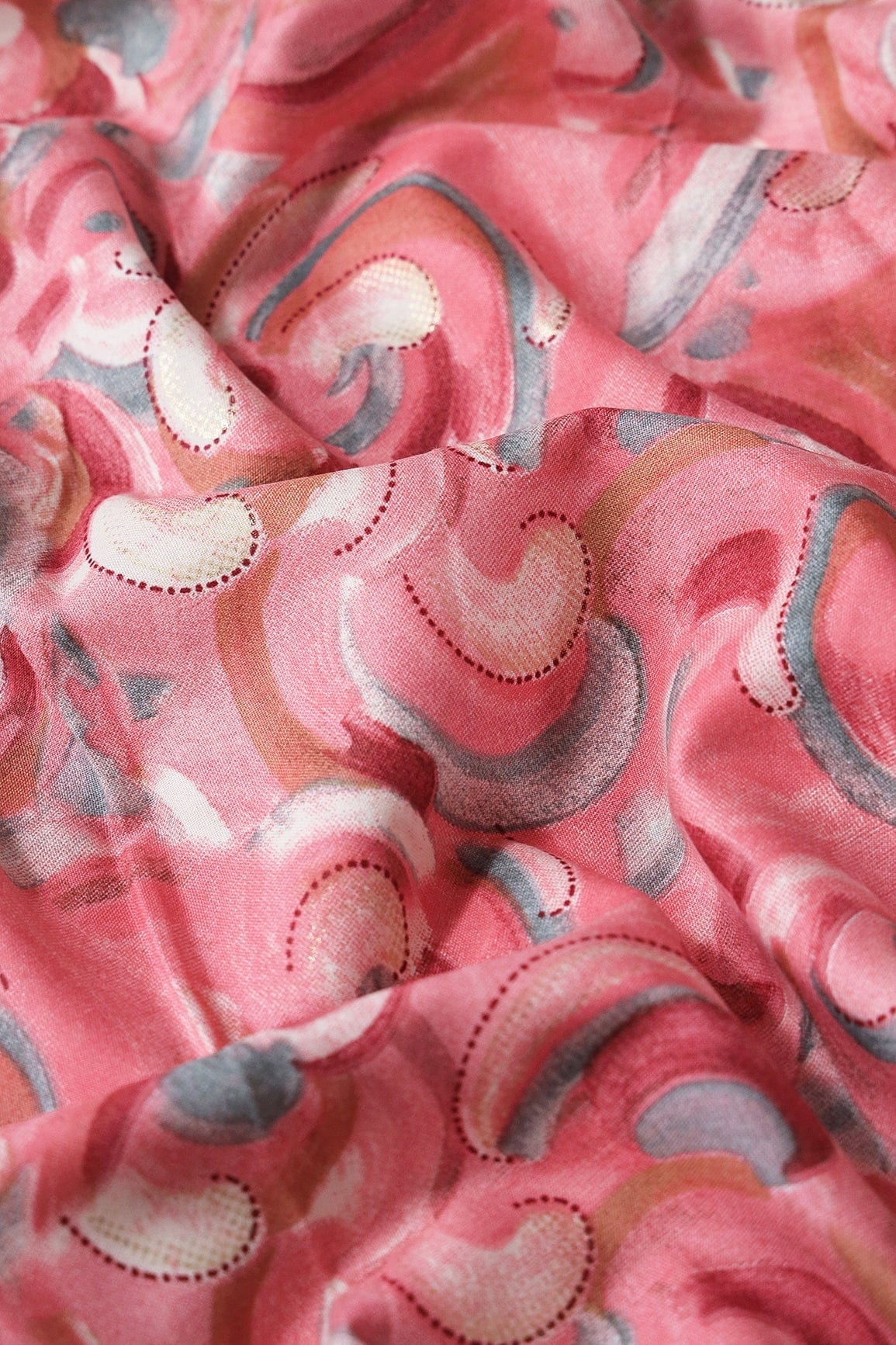Multi Color Abstract Pattern With Foil Print On Light Pink Pure Rayon Fabric - doeraa