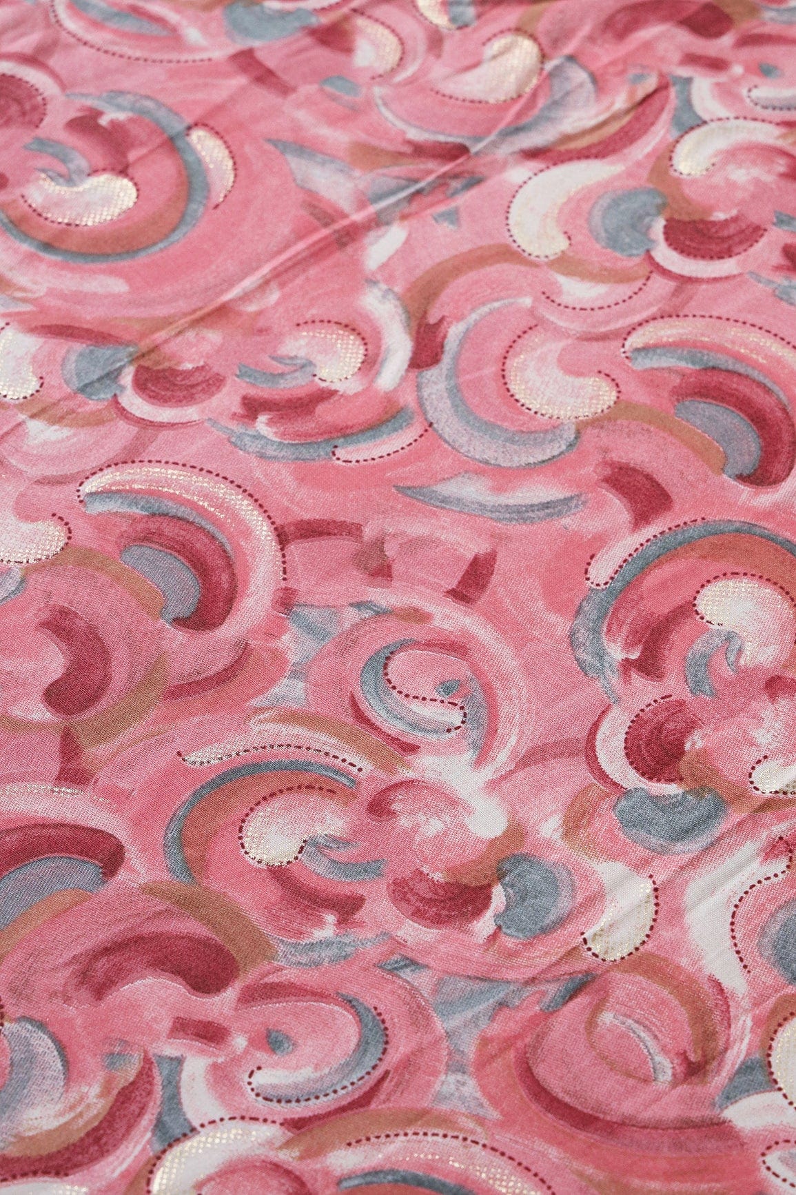 Multi Color Abstract Pattern With Foil Print On Light Pink Pure Rayon Fabric - doeraa