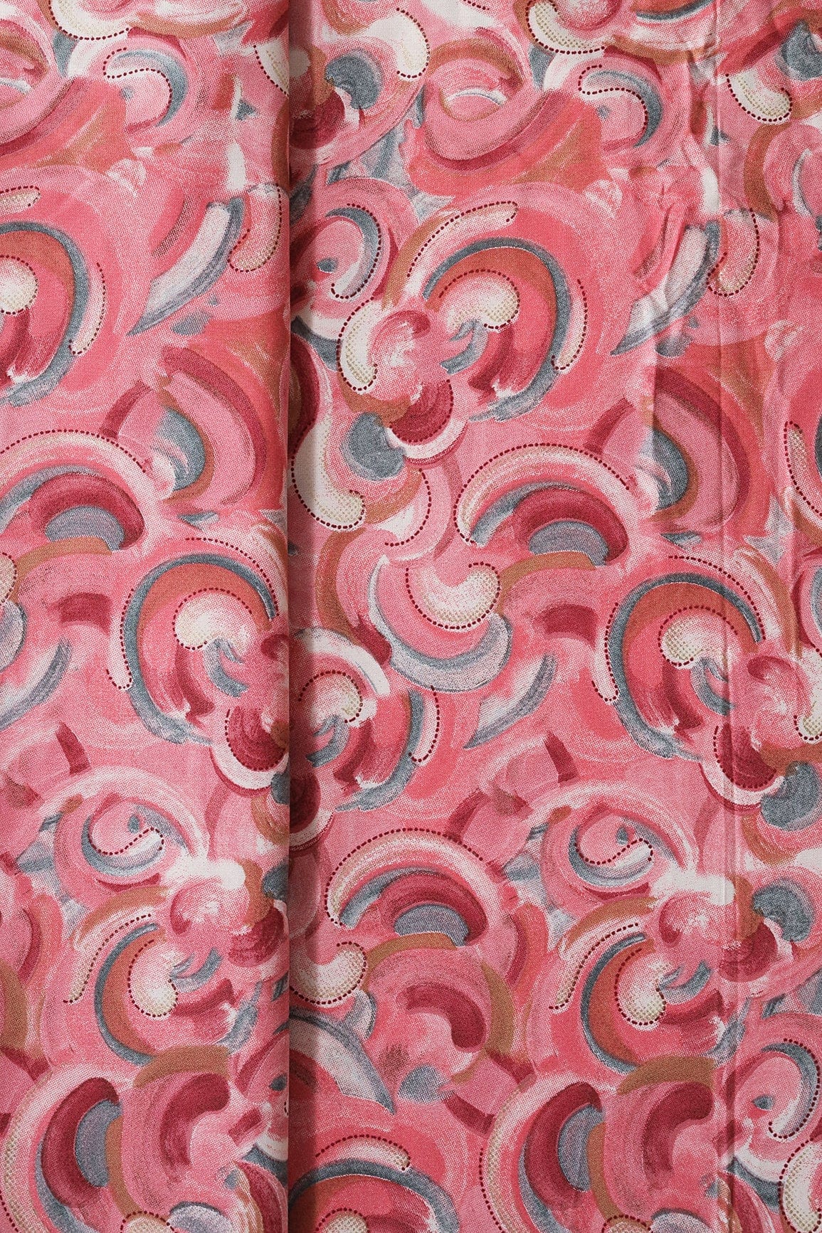 Multi Color Abstract Pattern With Foil Print On Light Pink Pure Rayon Fabric - doeraa