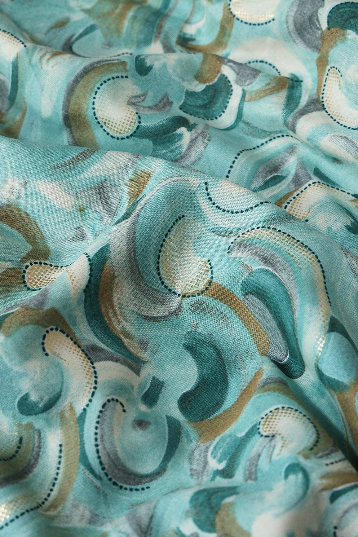 Multi Color Abstract Pattern With Foil Print On Teal Pure Rayon Fabric - doeraa