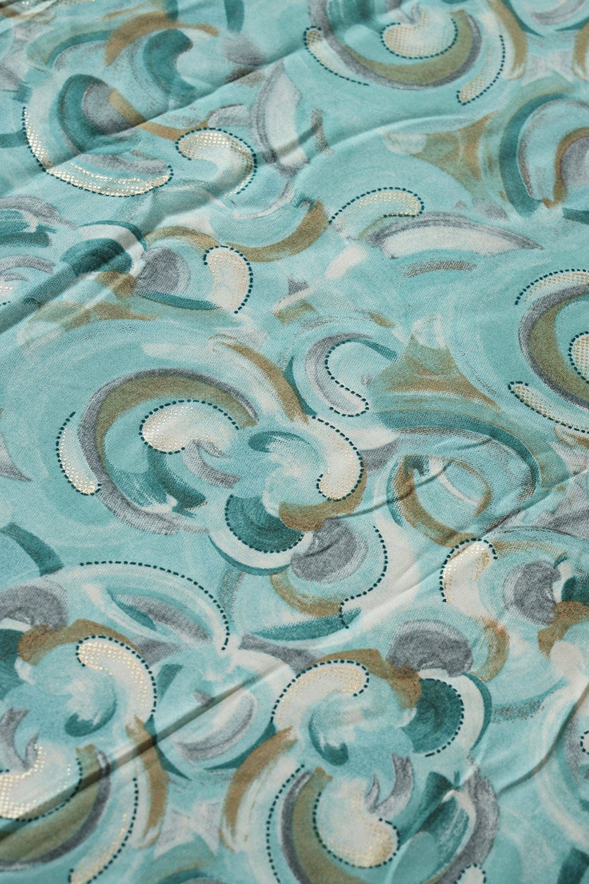 Multi Color Abstract Pattern With Foil Print On Teal Pure Rayon Fabric - doeraa