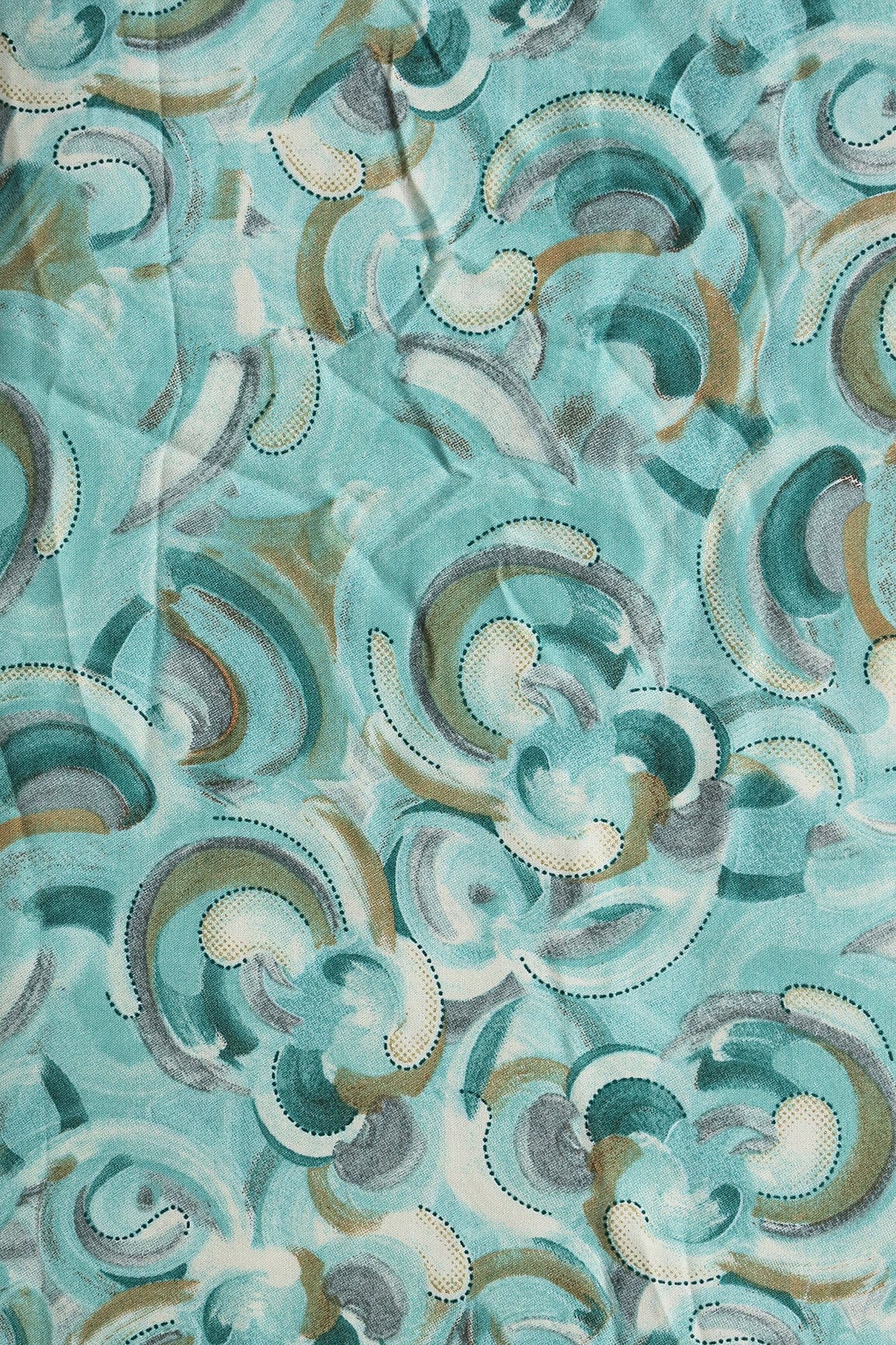 Multi Color Abstract Pattern With Foil Print On Teal Pure Rayon Fabric - doeraa