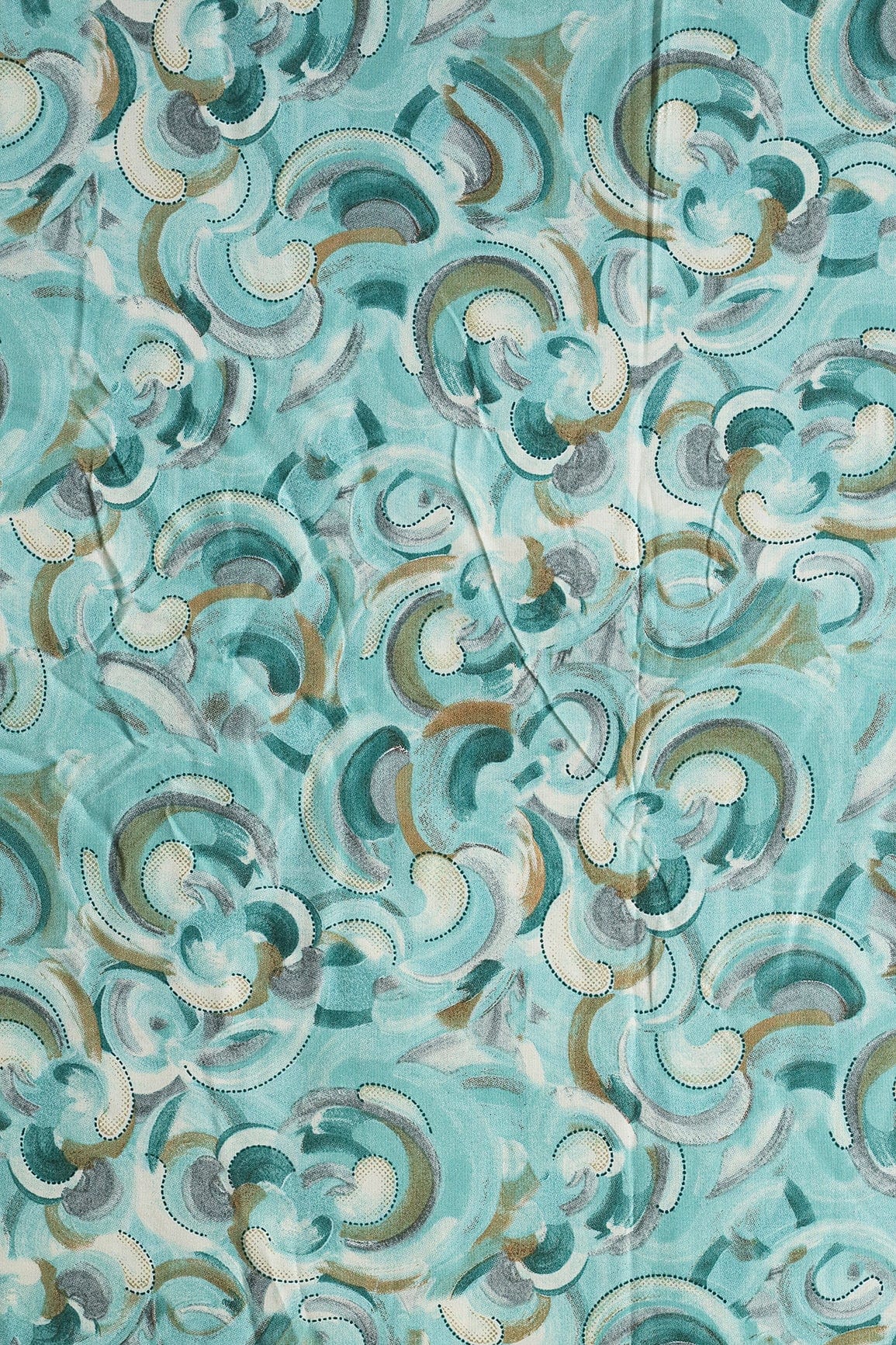 Multi Color Abstract Pattern With Foil Print On Teal Pure Rayon Fabric - doeraa
