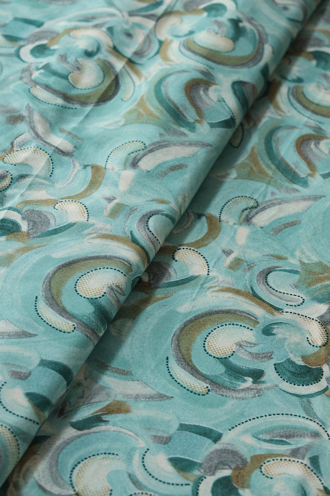 Multi Color Abstract Pattern With Foil Print On Teal Pure Rayon Fabric - doeraa