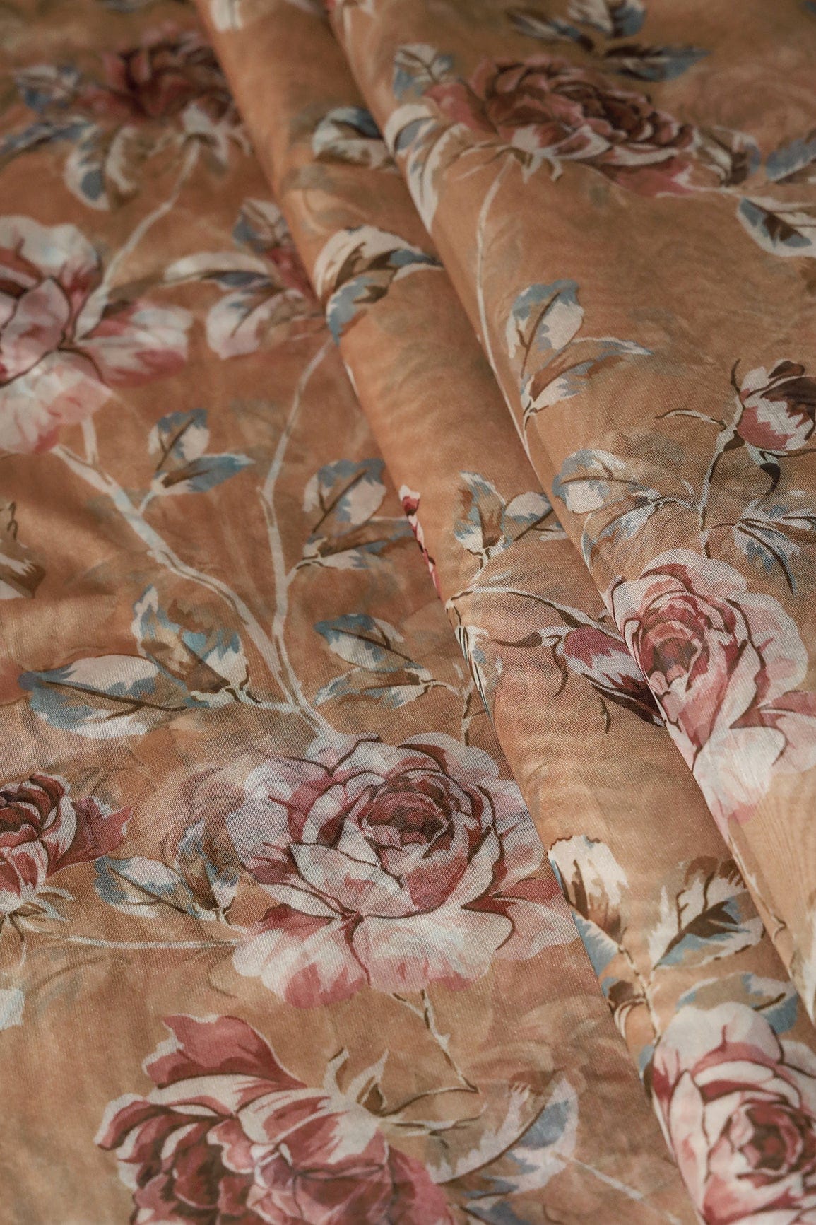 Multi Color Beautiful Floral Digital Print On Caramel Brown Organza Fabric - doeraa
