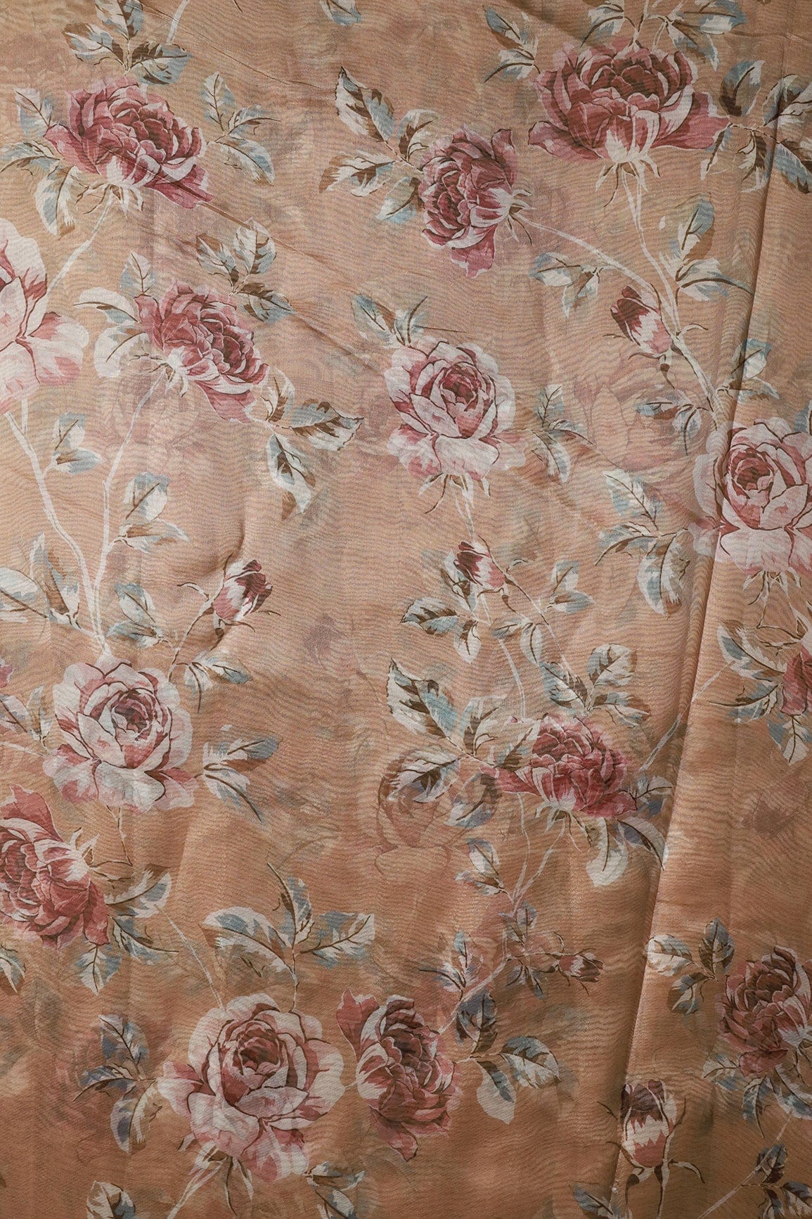 Multi Color Beautiful Floral Digital Print On Caramel Brown Organza Fabric - doeraa