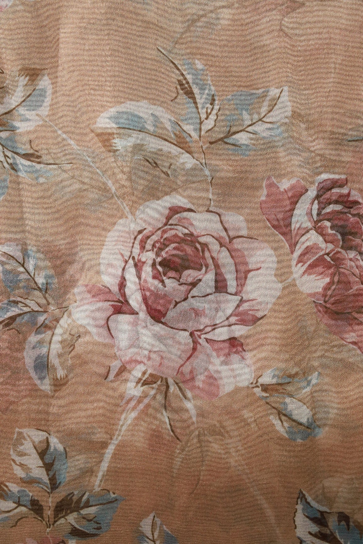 Multi Color Beautiful Floral Digital Print On Caramel Brown Organza Fabric - doeraa