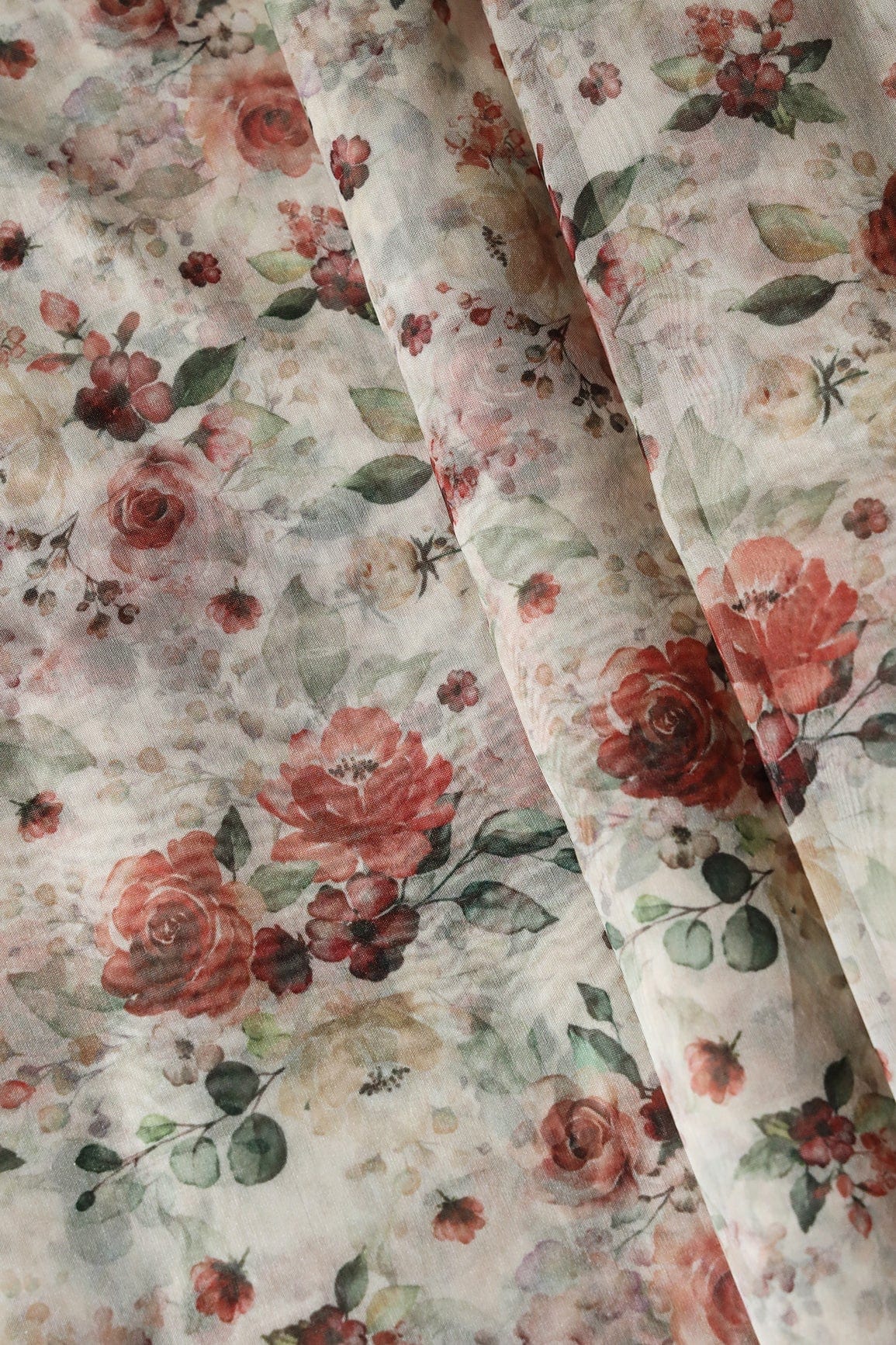 Multi Color Beautiful Floral Digital Print On Cream Organza Fabric - doeraa