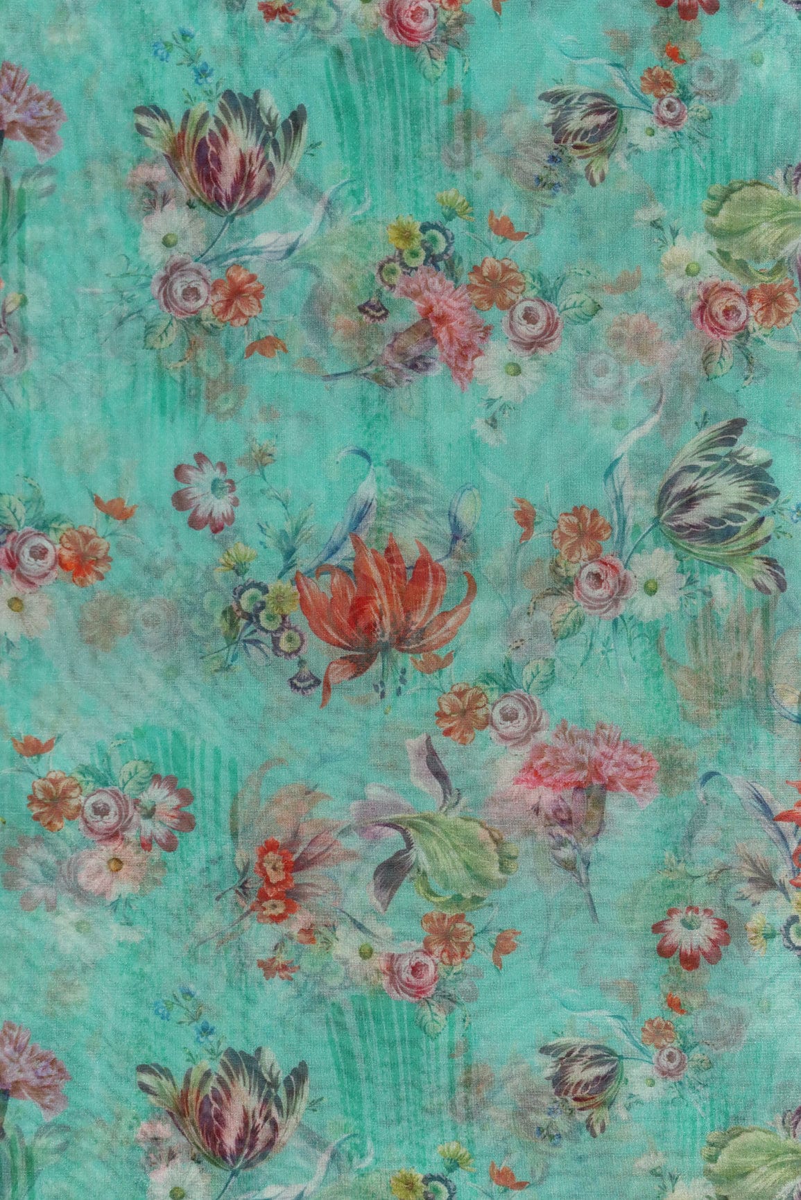 Multi Color Beautiful Floral Digital Print On Teal Organza Fabric - doeraa