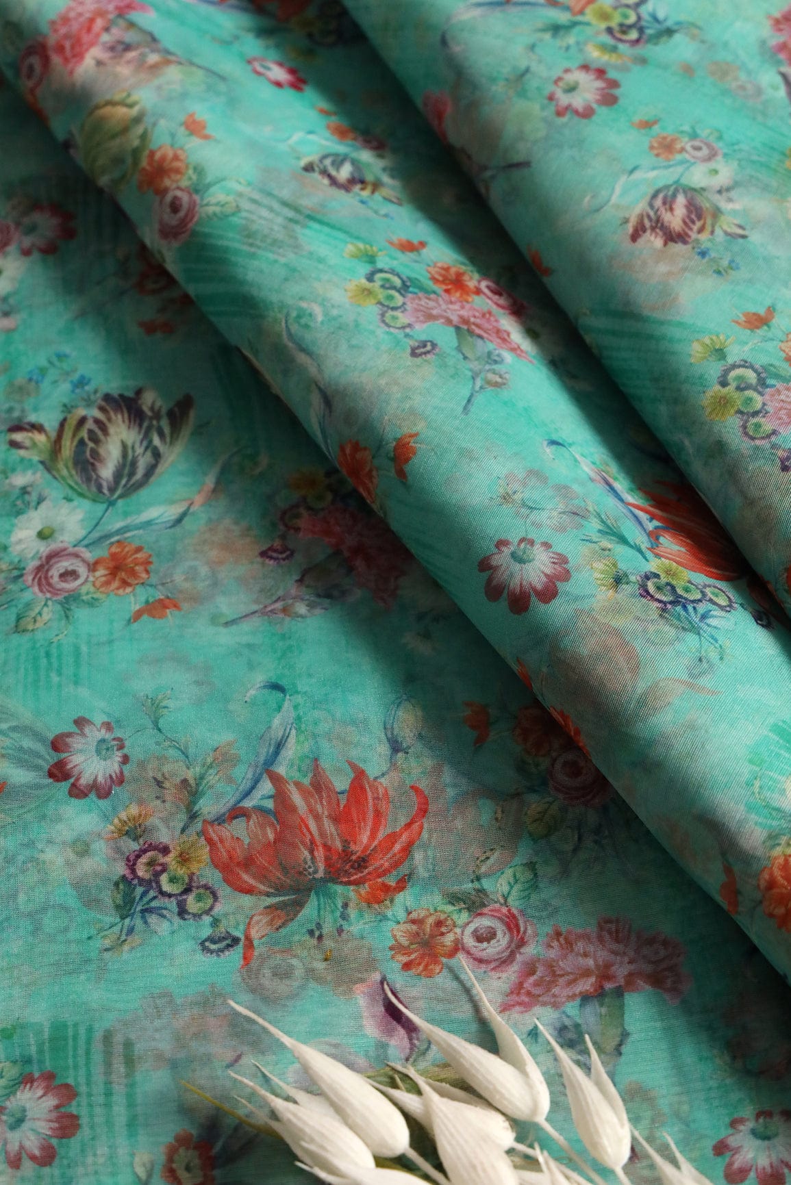 Multi Color Beautiful Floral Digital Print On Teal Organza Fabric - doeraa