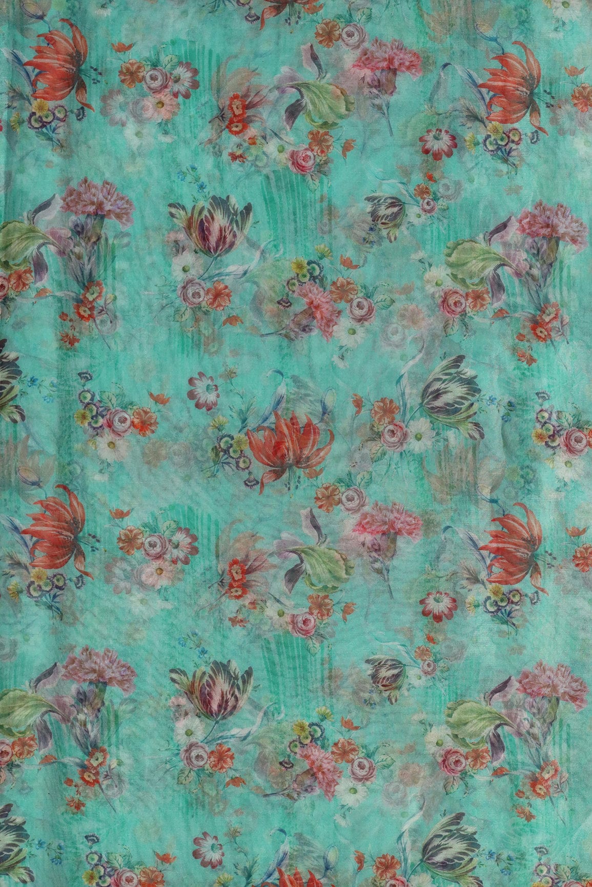 Multi Color Beautiful Floral Digital Print On Teal Organza Fabric - doeraa