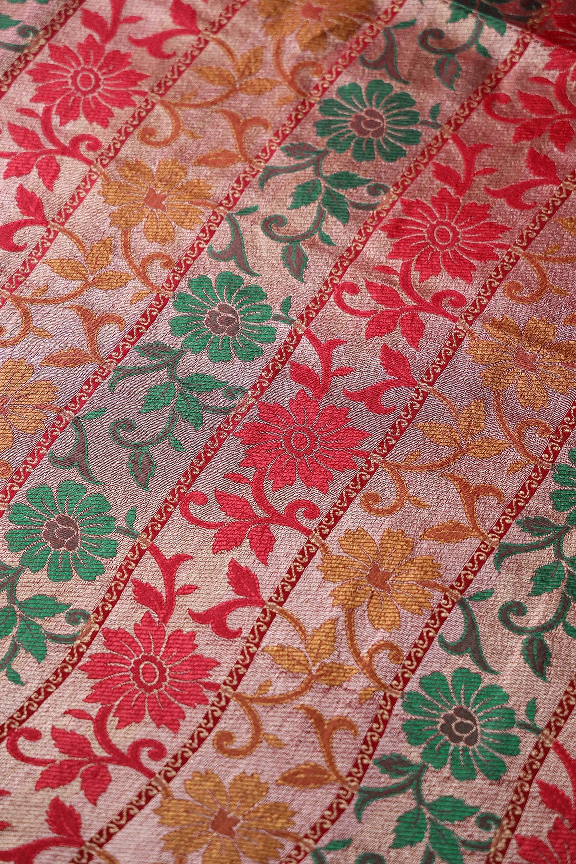 Multi Color Floral Banarasi Zari Jacquard Fabric - doeraa