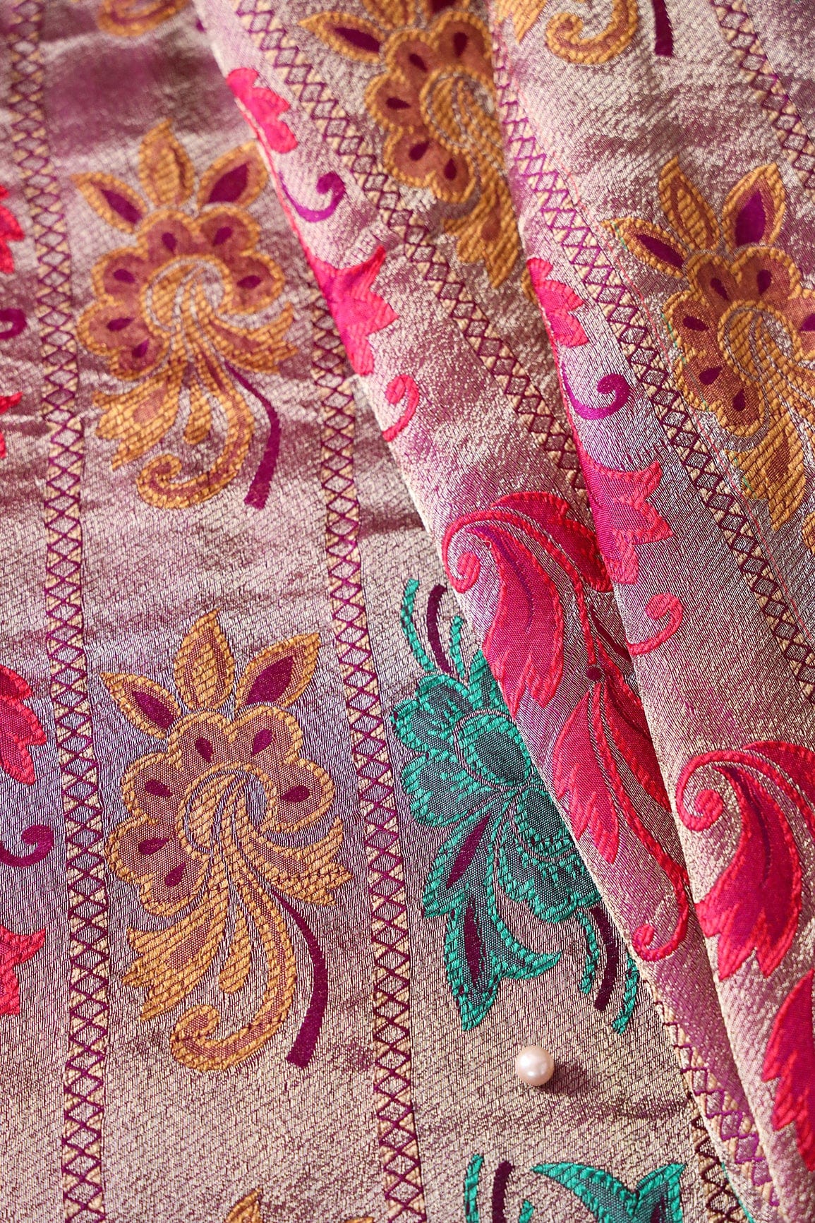 Multi Color Floral Banarasi Zari Jacquard Fabric - doeraa