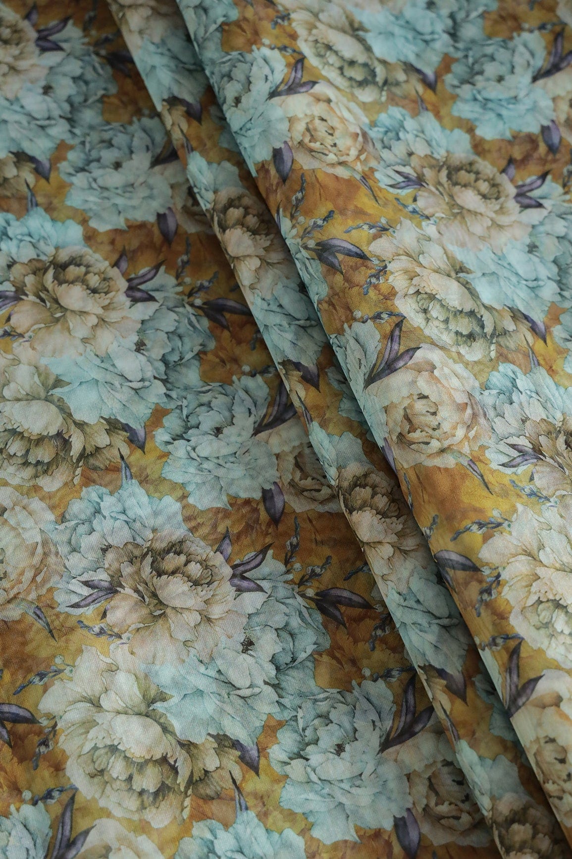 Multi Color Floral Digital Print On Light Brown Organza Fabric - doeraa