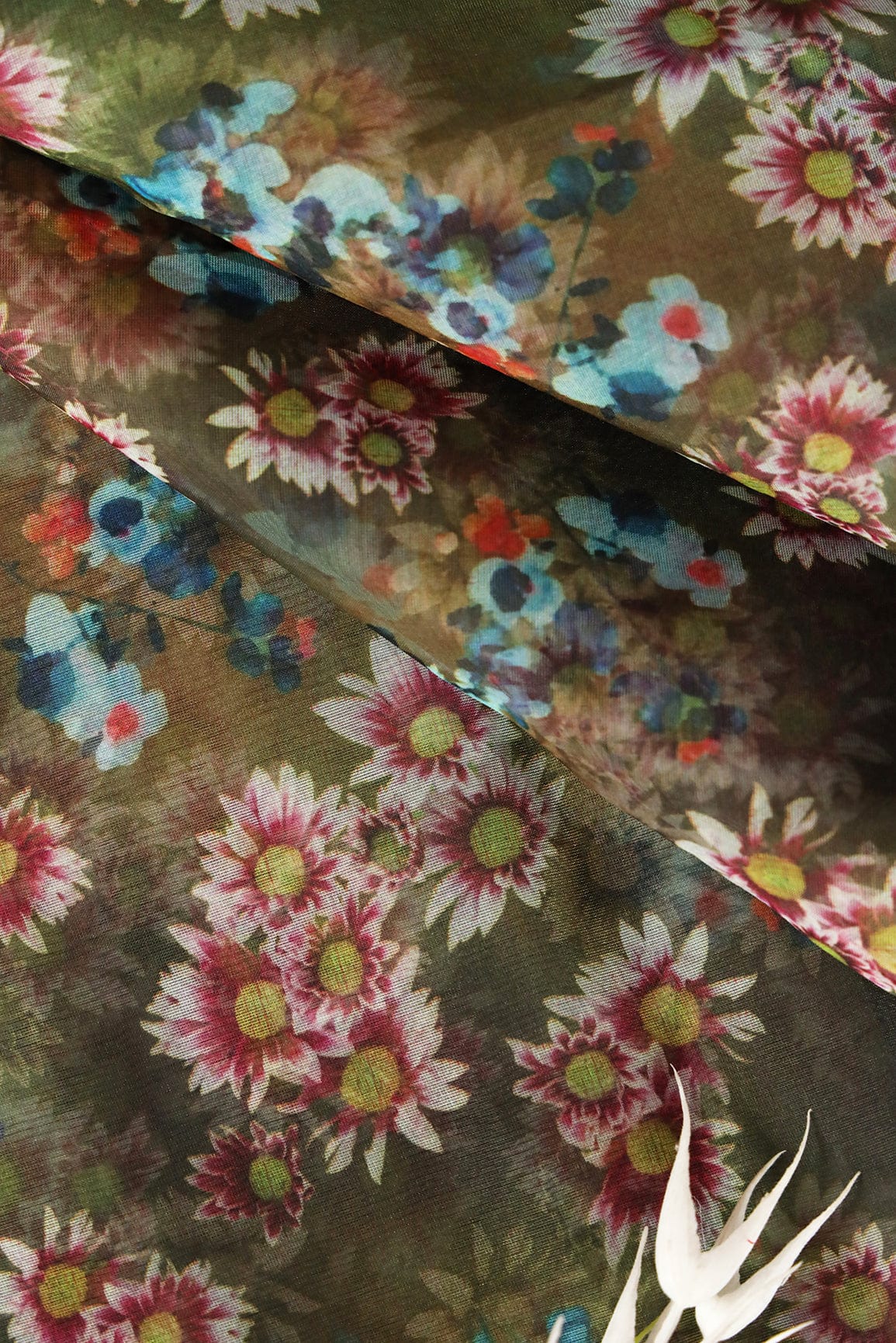 Multi Color Floral Digital Print On Olive Organza Fabric - doeraa