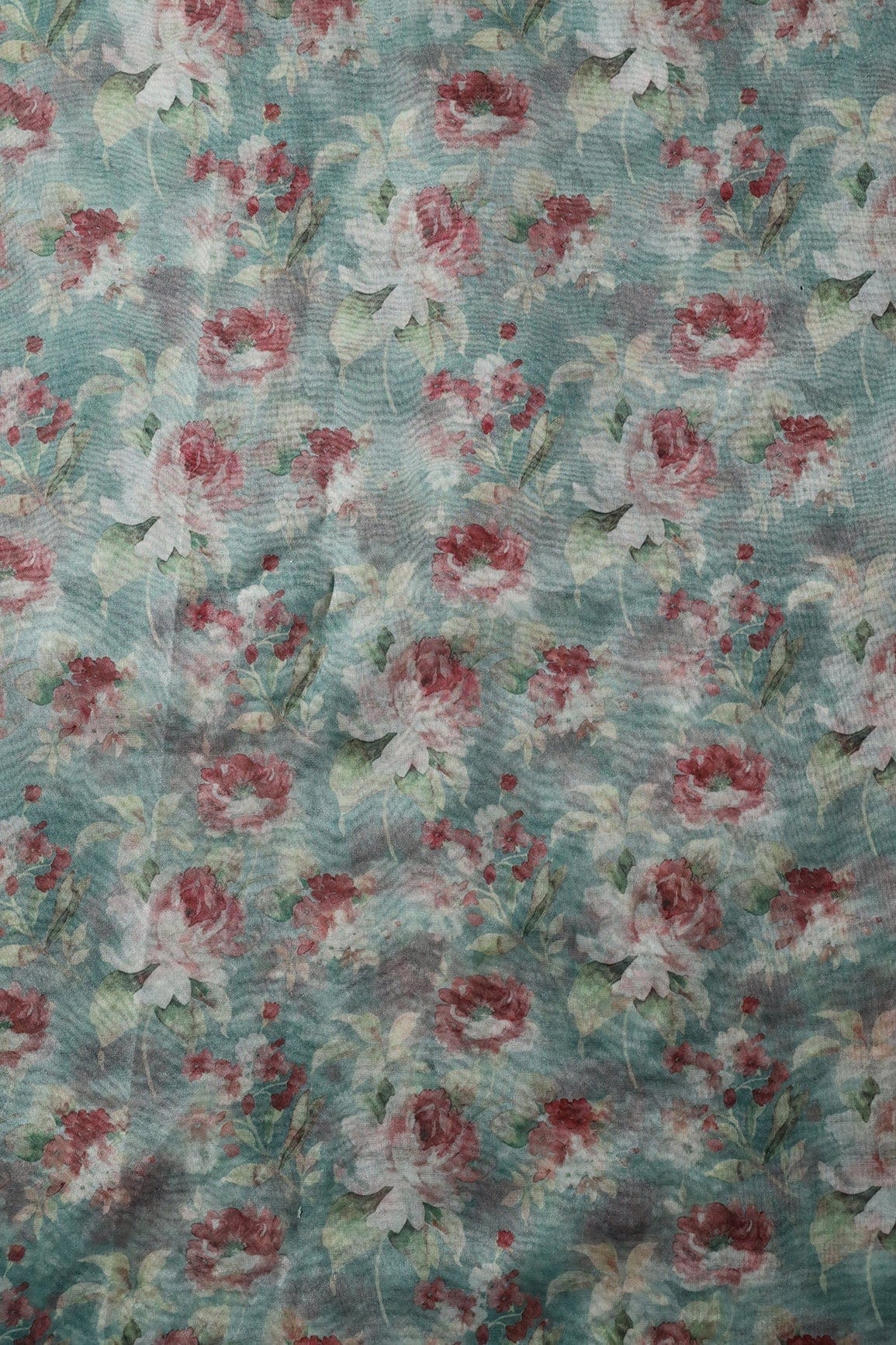 Multi Color Floral Digital Print On Teal Organza Fabric - doeraa