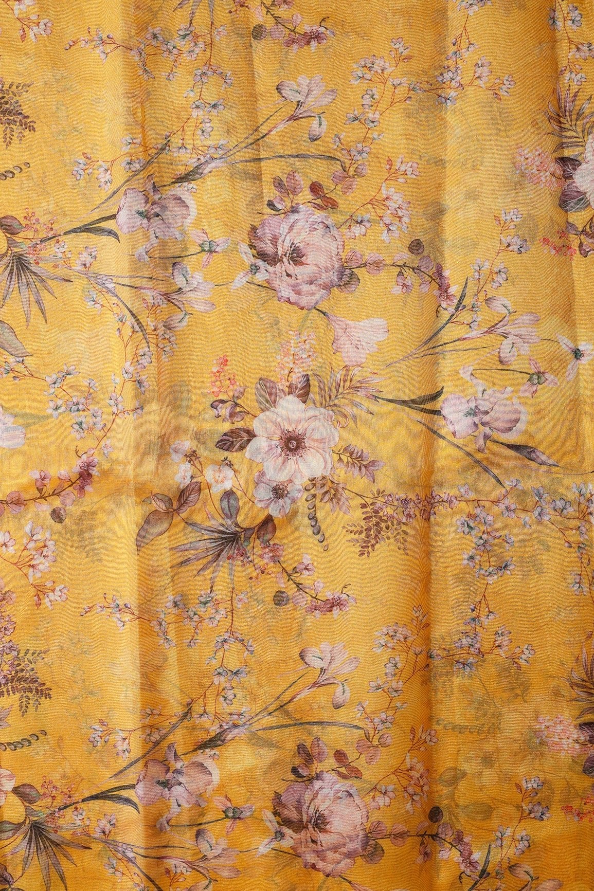 Multi Color Floral Digital Print On Yellow Organza Fabric - doeraa