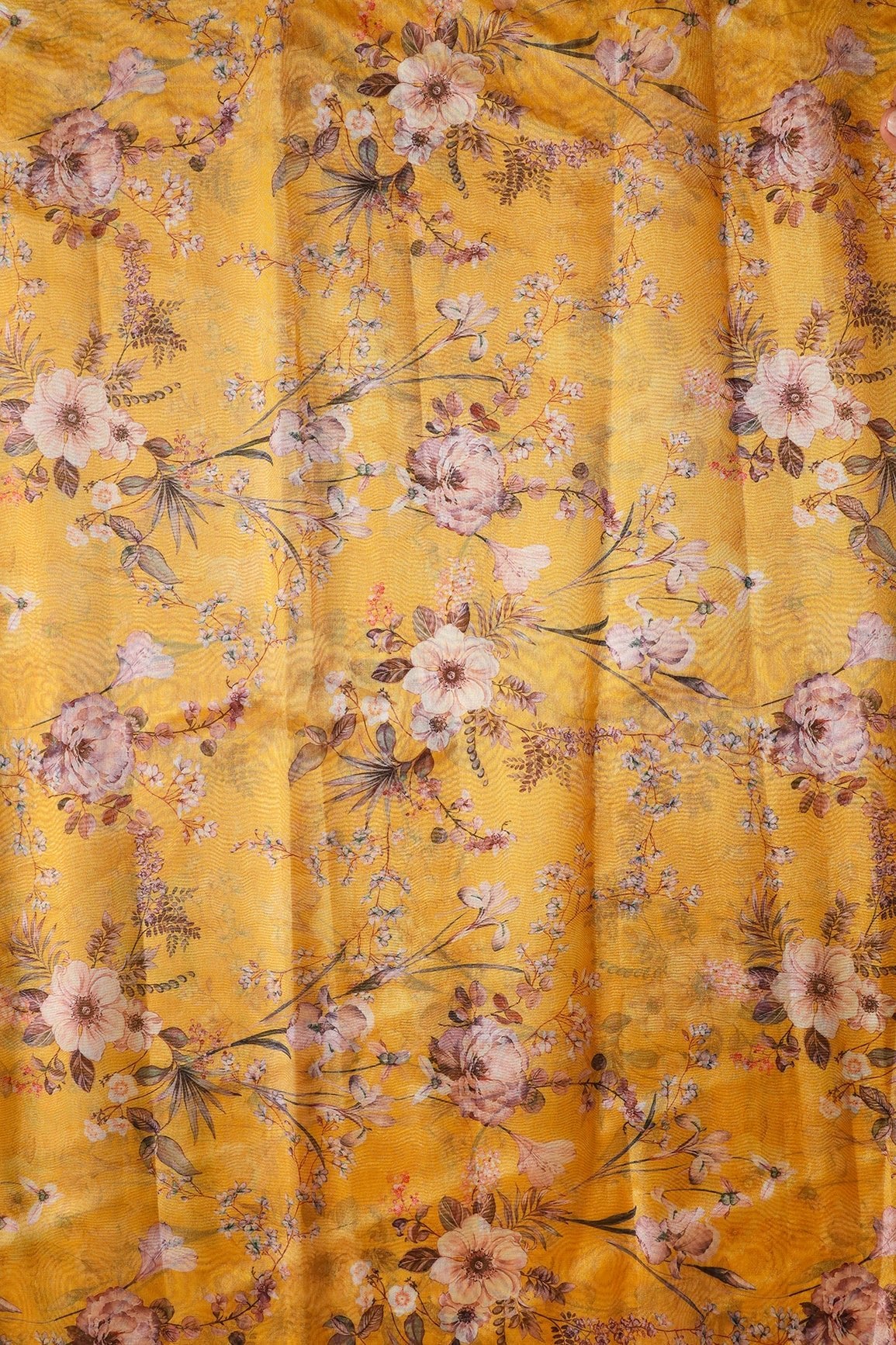 Multi Color Floral Digital Print On Yellow Organza Fabric - doeraa