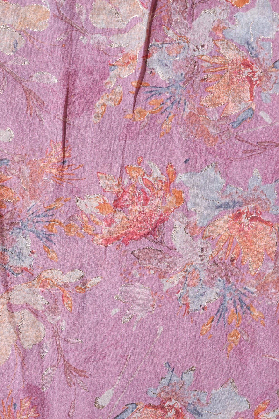 Multi Color Floral Foil Print On Lavender Pink Viscose Chanderi Silk Fabric - doeraa