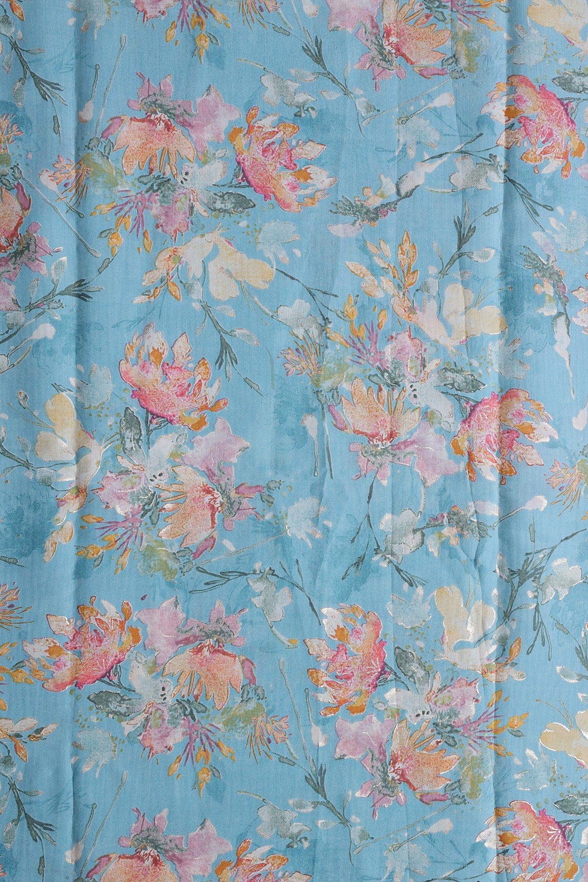 Multi Color Floral Foil Print On Sky Blue Viscose Chanderi Silk Fabric - doeraa