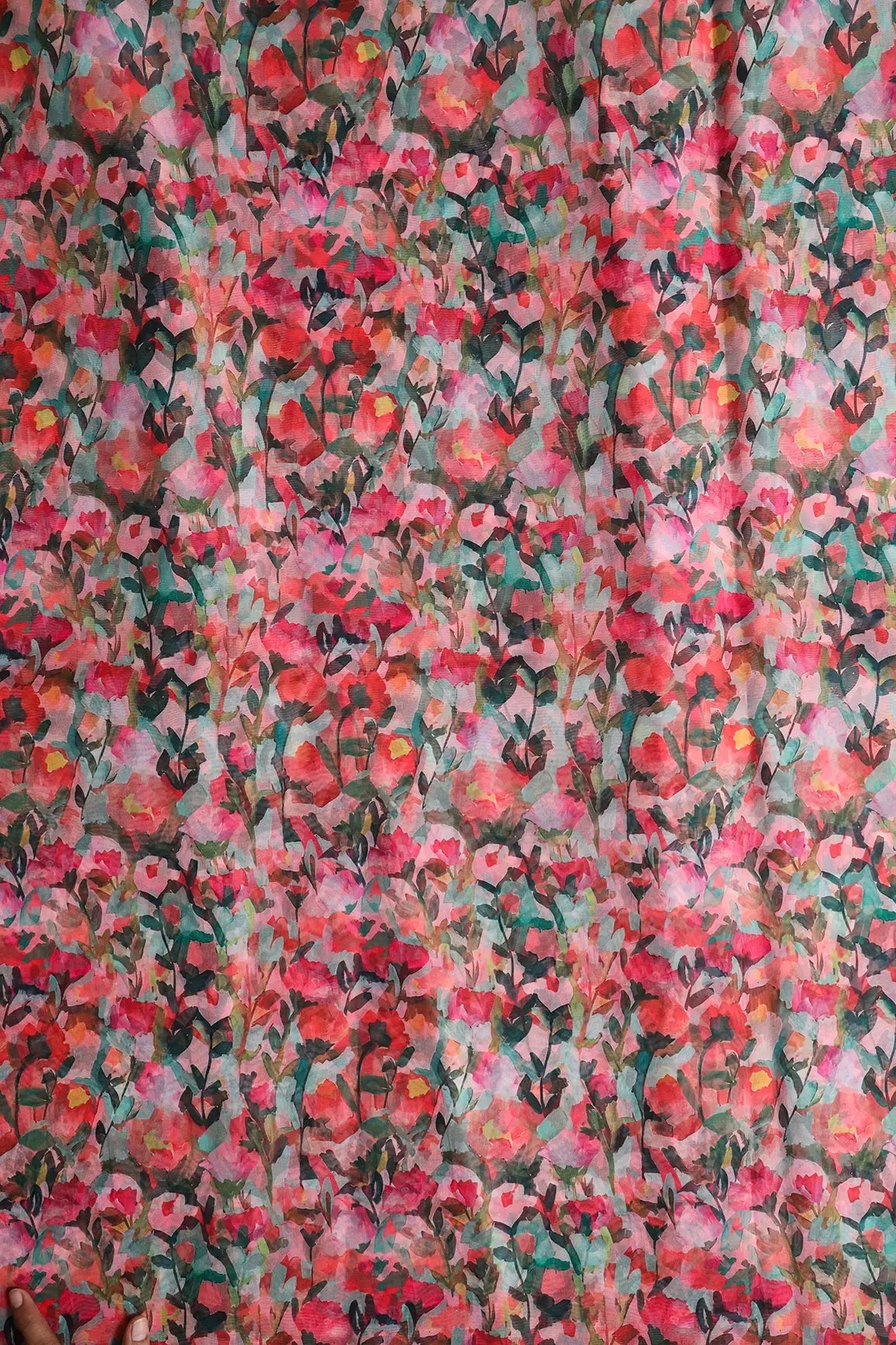 Multi Color Floral Pattern Digital Print On Light Olive Organza Fabric - doeraa