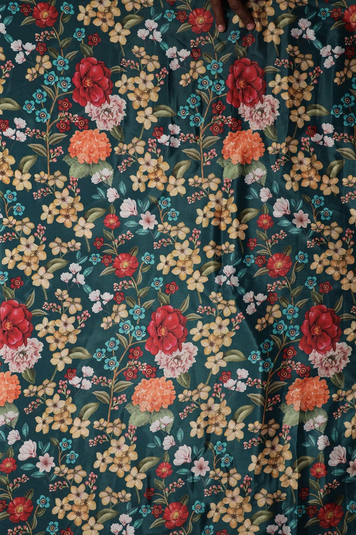 Multi Color Floral Pattern Digital Print On Prussian Blue Crepe Fabric - doeraa