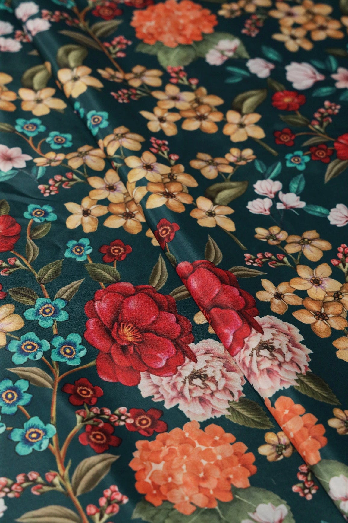 Multi Color Floral Pattern Digital Print On Prussian Blue Crepe Fabric - doeraa