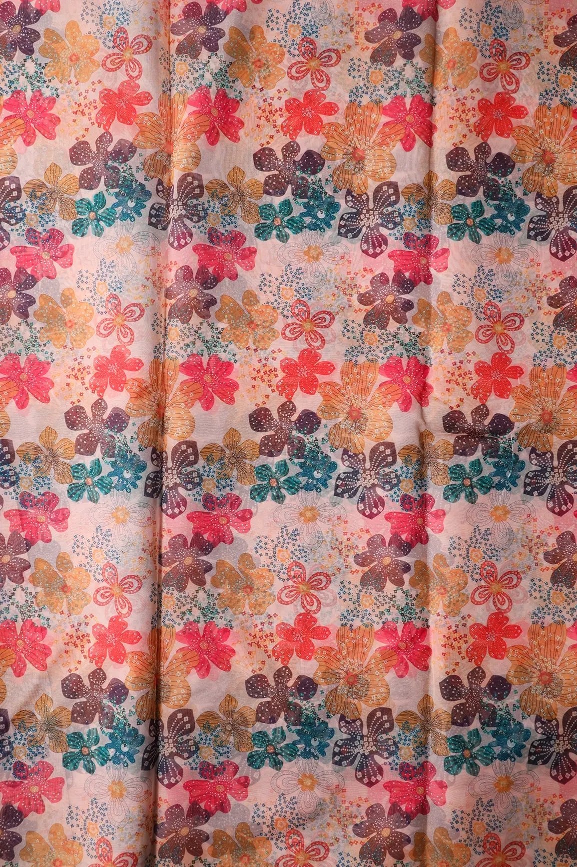 Multi Color Floral Pattern Digital Print On White Organza Fabric - doeraa