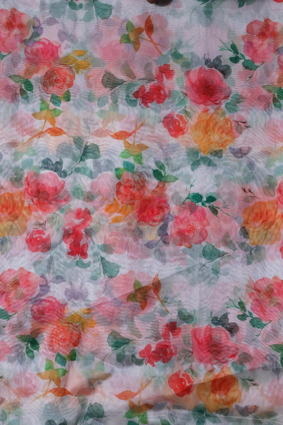 Multi Color Floral Pattern Digital Print On White Organza Fabric - doeraa